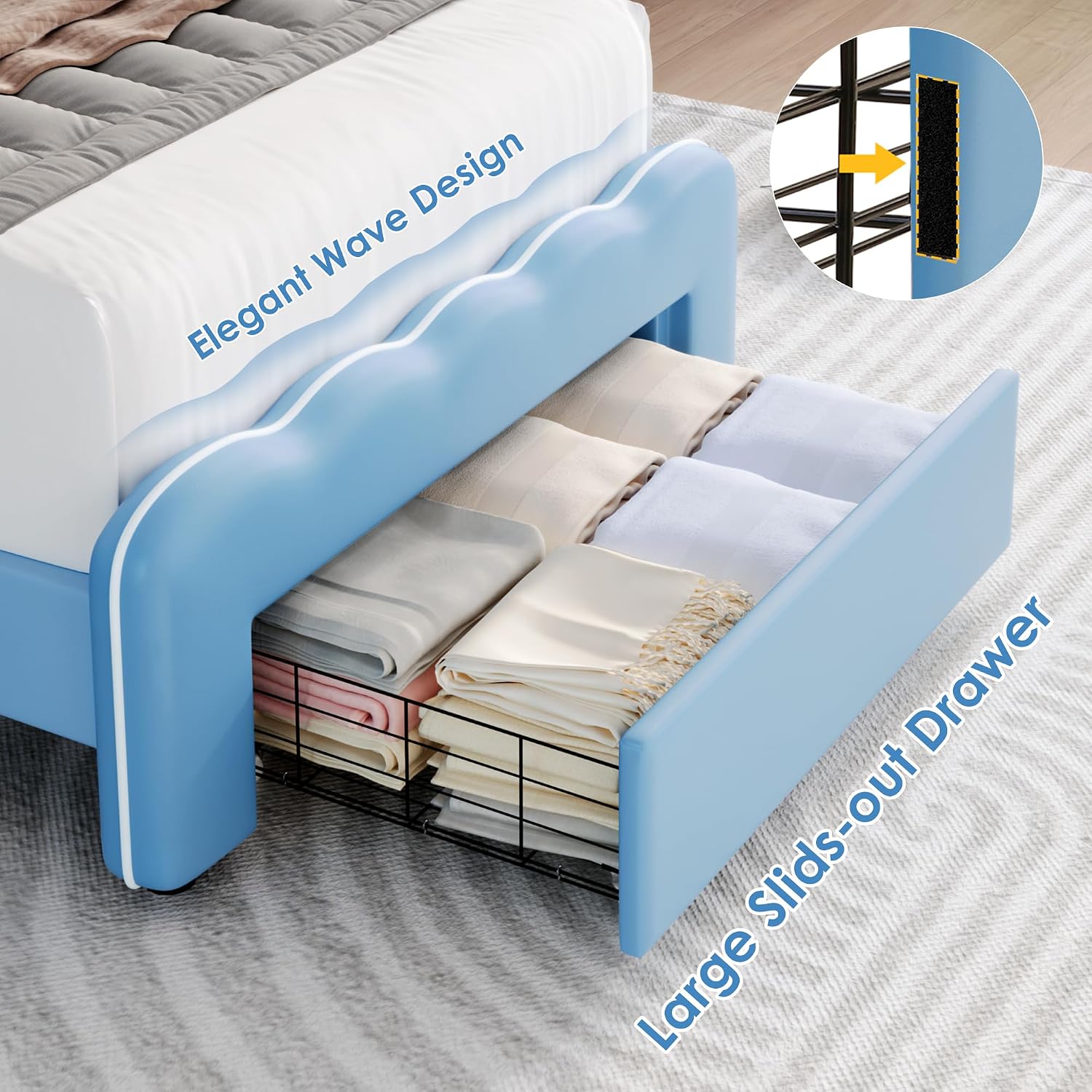 HOSTACK Twin Upholstered LED Bed Frame with Storage Drawers, Cute Boys Bed with Adjustable Lotus Headboard, Faux Leather Platform Bed Frame, Wooden Slats Support, No Box Spring Needed, Blue/White