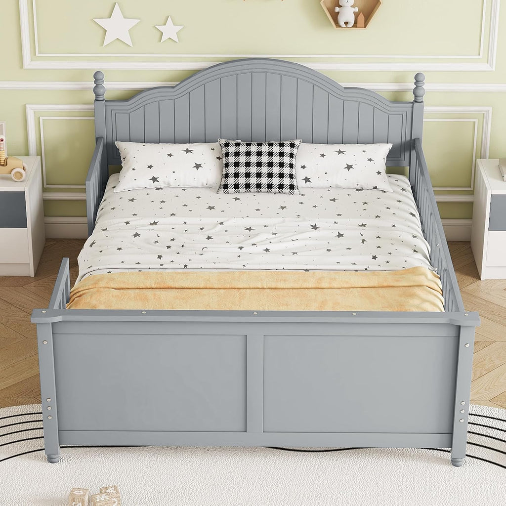 Full Size Kids Bed with Full-Length Guardrail,Low Profile Bed Frame with Headboard and Footboard,Wooden Platform Bed with 6.7-inch Under Bed Storage,Slats Support,Roman Column Design,Gray