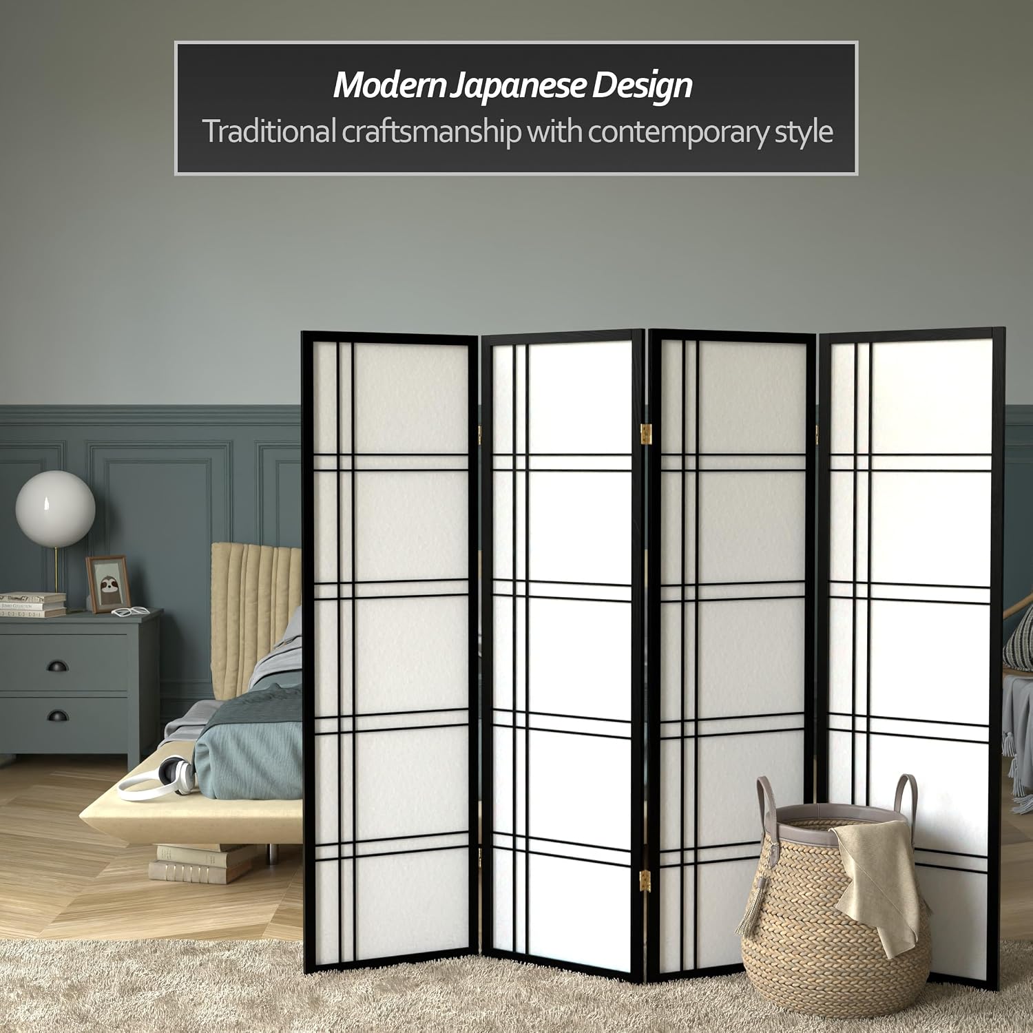 Red Lantern 5 ft. Tall Double Cross Shoji Screen - Black - 4 Panels