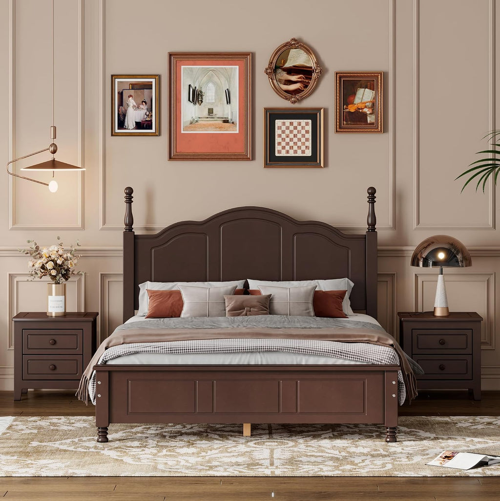 Harper & Bright Designs 3-Pieces Bedroom Sets,Full Size Wood Platform Bed Frame for Boys Girls Kids Adults Toddler and Two Nightstands-Dark Walnut