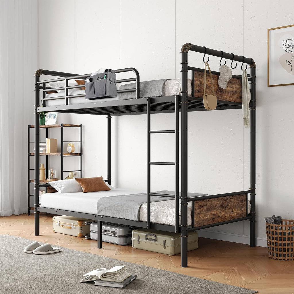 Jocoevol Metal Bunk Bed Twin Over Twin, Industrial Bunkbeds Heavy Duty Bed with Safety Guard Rails and Space-Saving Design, Steel Bed for School, Bedroom (Vintage Brown)