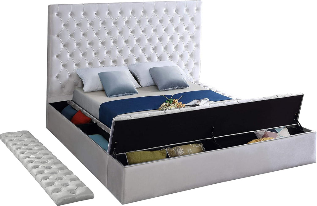Meridian Furniture Bliss Collection Modern | Contemporary Velvet Upholstered Bed with Deep Button Tufting and Storage Compartments in Rails and Footboard, White, King