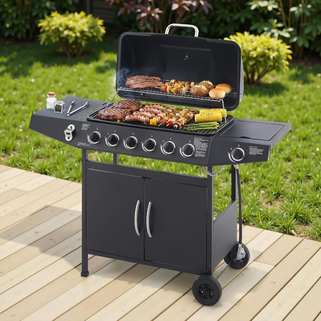 Black 6 Burner Propane Gas BBQ Grill with Side Burner, 59000 BTU Output Stainless Steel Barbecue Grill with Enameled Grates and Side Tables for Outdoor Cooking Patio Backyard (6+1)