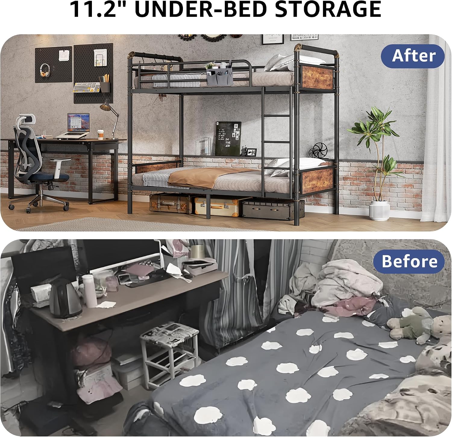 Jocoevol Metal Bunk Bed Twin Over Twin, Industrial Bunkbeds Heavy Duty Bed with Safety Guard Rails and Space-Saving Design, Steel Bed for School, Bedroom (Vintage Brown)
