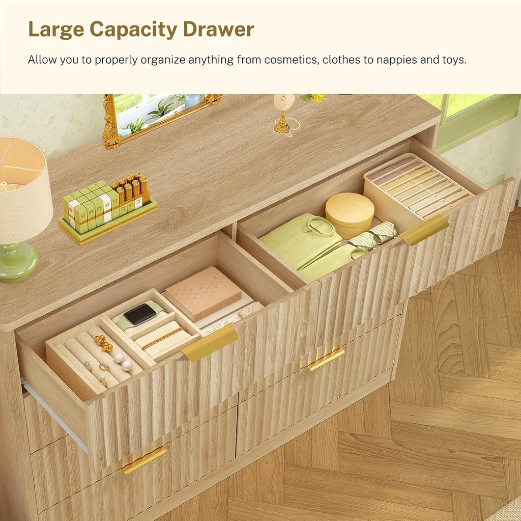TEENOFN Fluted Dresser for Bedroom with 8 Drawers, 47.2' Wide Modern Chest of Drawers with Metal Handle, Dresser TV Stand, Wood Closet Clothes Storage Organizer for Living Room, Hallway, Natural