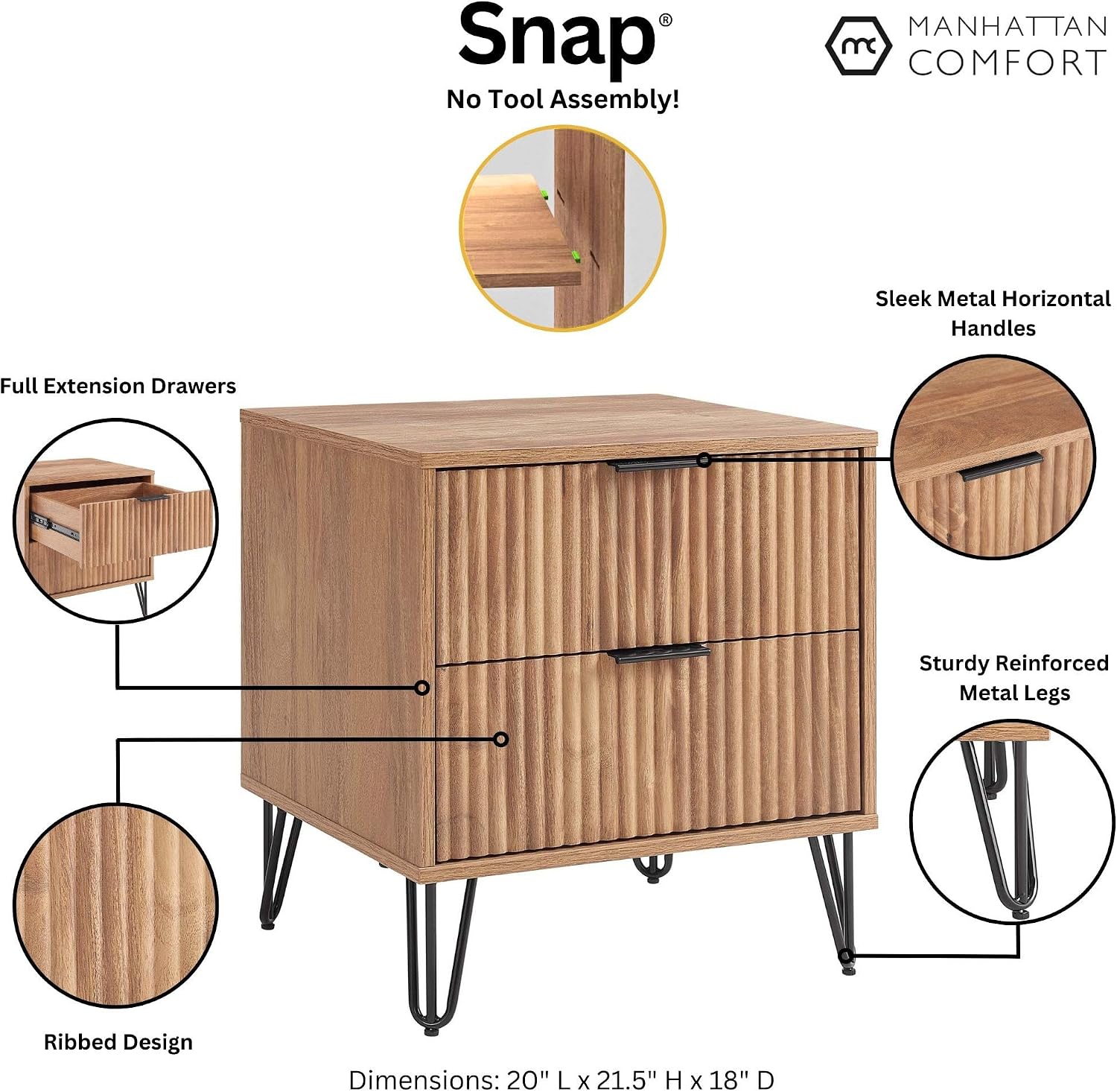 Manhattan Comfort Dumbo Fluted Nightstand with 2 Drawers, Gold Metal Legs and Metal Handles, Snap Tool-Free Assembly, Modern Bedside Accent Table with Storage for Bedroom, Living Room in Golden Brown
