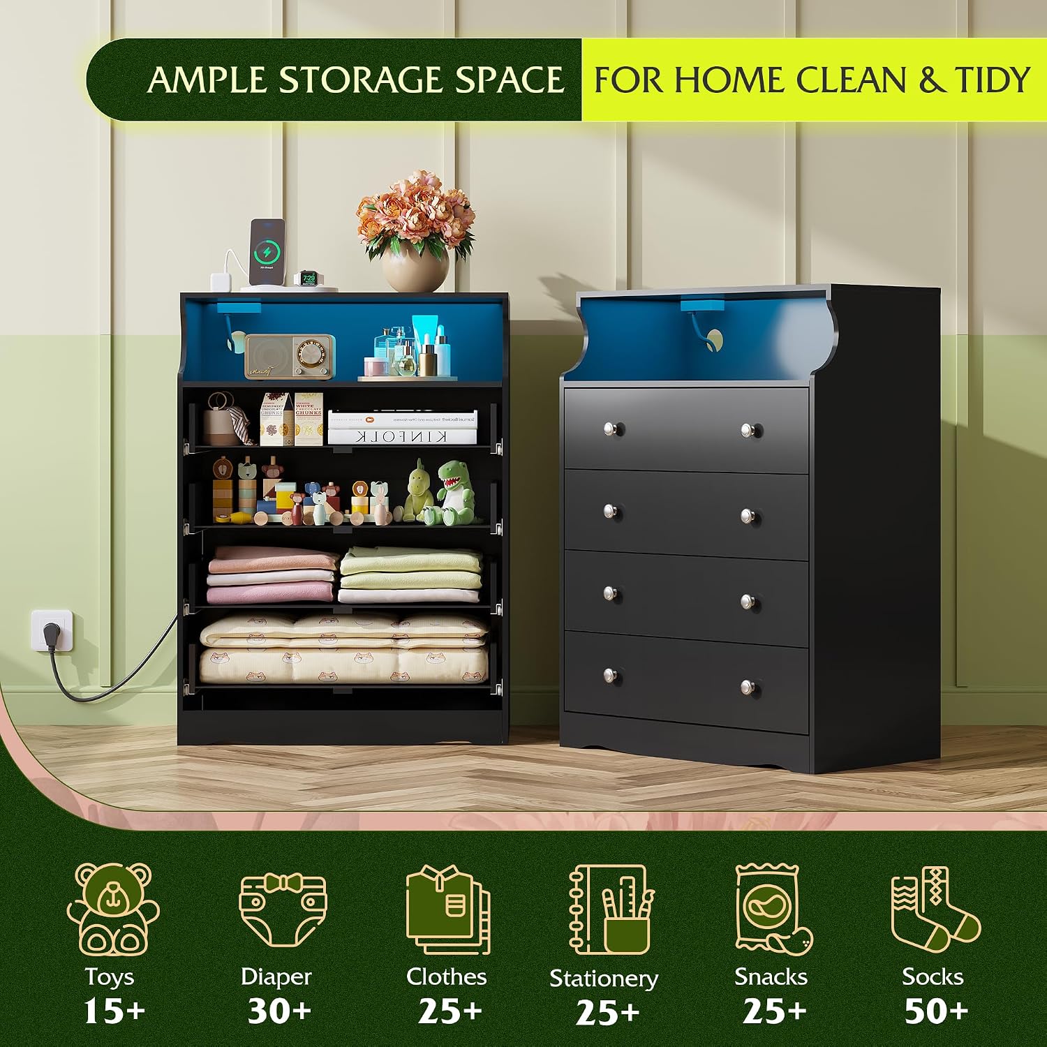 WLIVE Black LED Dresser for Bedroom, Tall Wood Dresser with 4 Drawers and Open Shelf, Chest of Drawers with Power Outlet for Living Room, Hallway, Closet