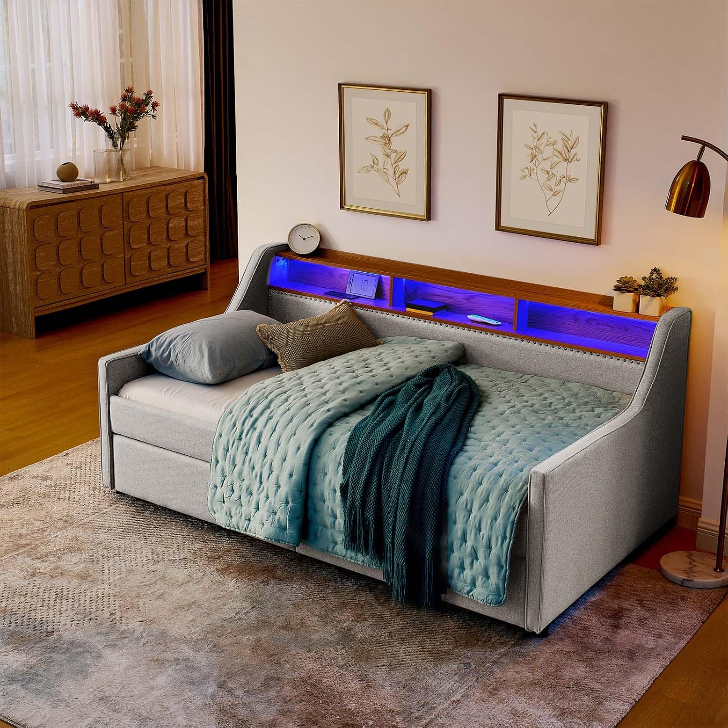 Antetek Twin Daybed with Storage Drawers & Wireless Charger, Upholstered Linen Daybed Frame with USB/Type C/LED Headboard, Modern Sofa Day Bed for Living Room, No Box Spring Needed, Beige