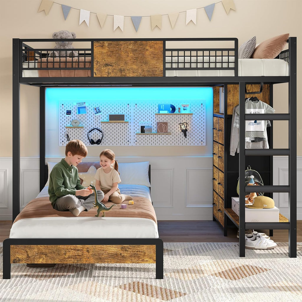 ADORNEVE Bunk Bed Twin Over Twin Size with 8 Storage Drawers, Twin Bunk Beds with Led Lights & Storage Shelves, Metal Loft Bed with 13.4' H Safety Guardrail & Ladder, for Kids & Teens, Black