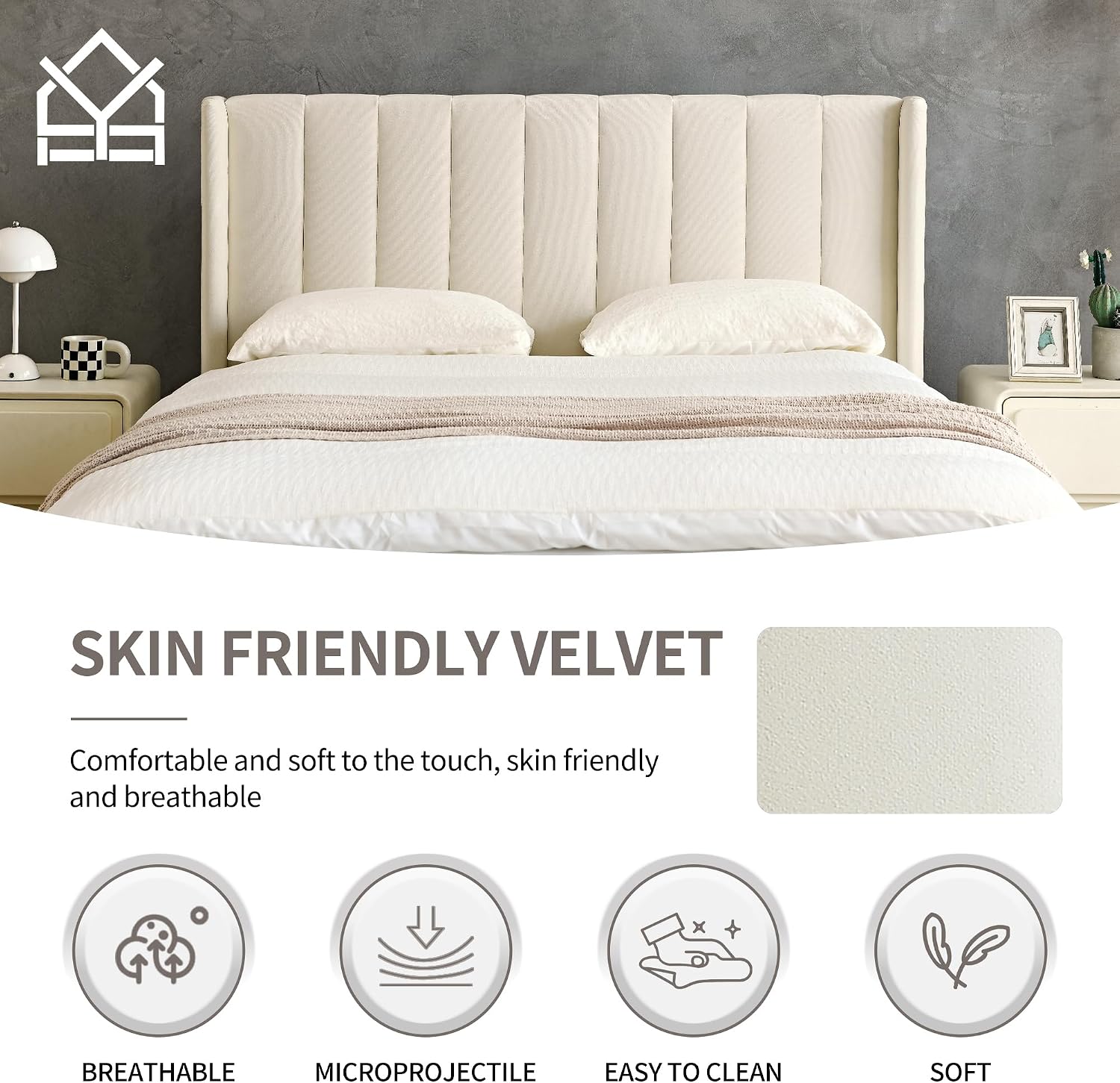 YUHUASHI upholstered Platform Bed Frame/Full Bed Frame/Modern Geometric Double-Wing Design headboard/Velvet Fabric/Easy to Assemble no Noise (Cream, Full)