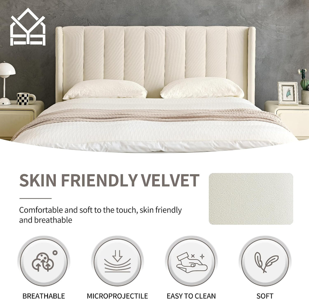 YUHUASHI upholstered Platform Bed Frame/Twin Bed Frame/Modern Geometric Double-Wing Design headboard/Velvet Fabric/Easy to Assemble no Noise (Cream, Twin)