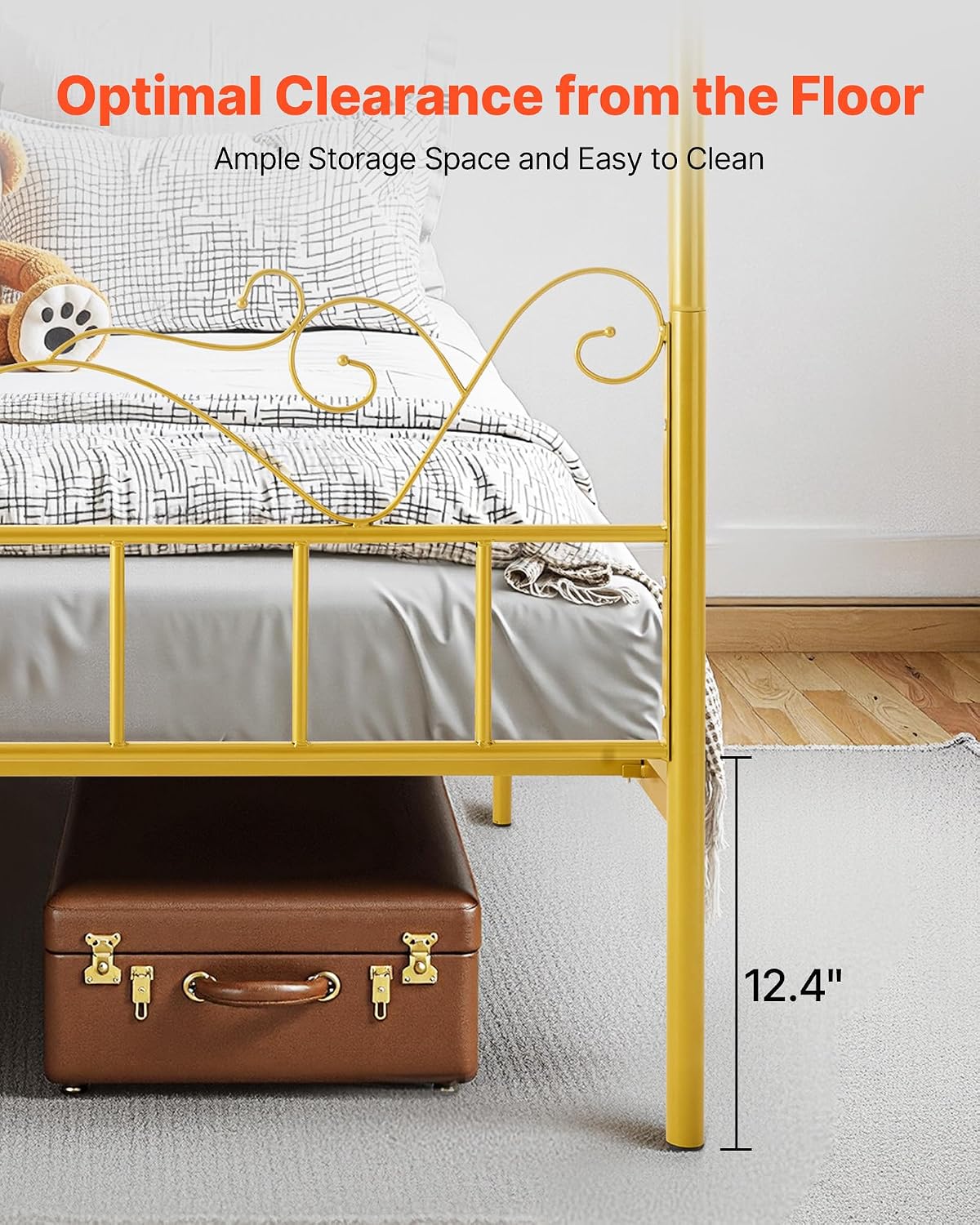 VEVOR Canopy Bed Frame Queen Size, Metal Canopy Bed with Minimalist Headboard & Four Posters Design, Heavy Duty Steel Slats Support, Underbed Storage Space, No Box Spring Needed, Easy Assembly, Gold
