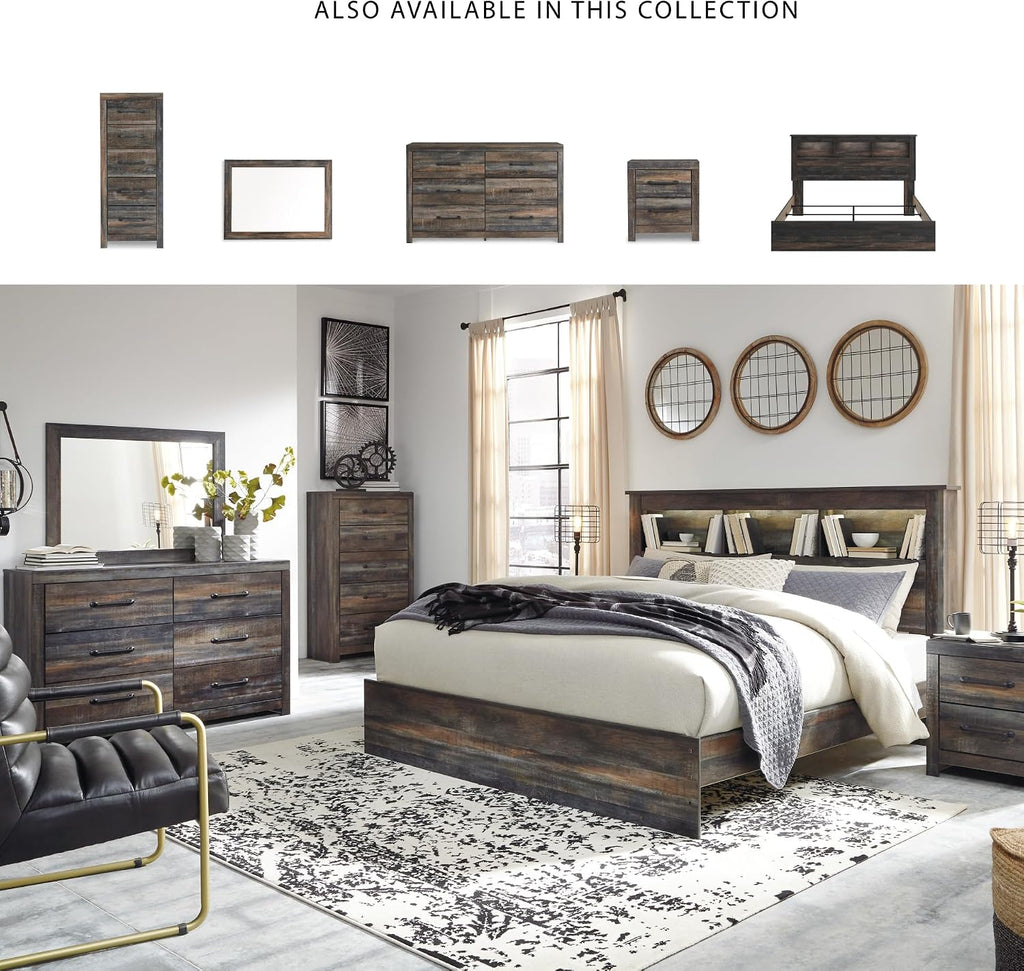 Signature Design by Ashley Drystan Rustic King Bookcase Bed with Open Cubbies and LED Lights, Foundation or Box Spring Needed, Dark Brown & Gray
