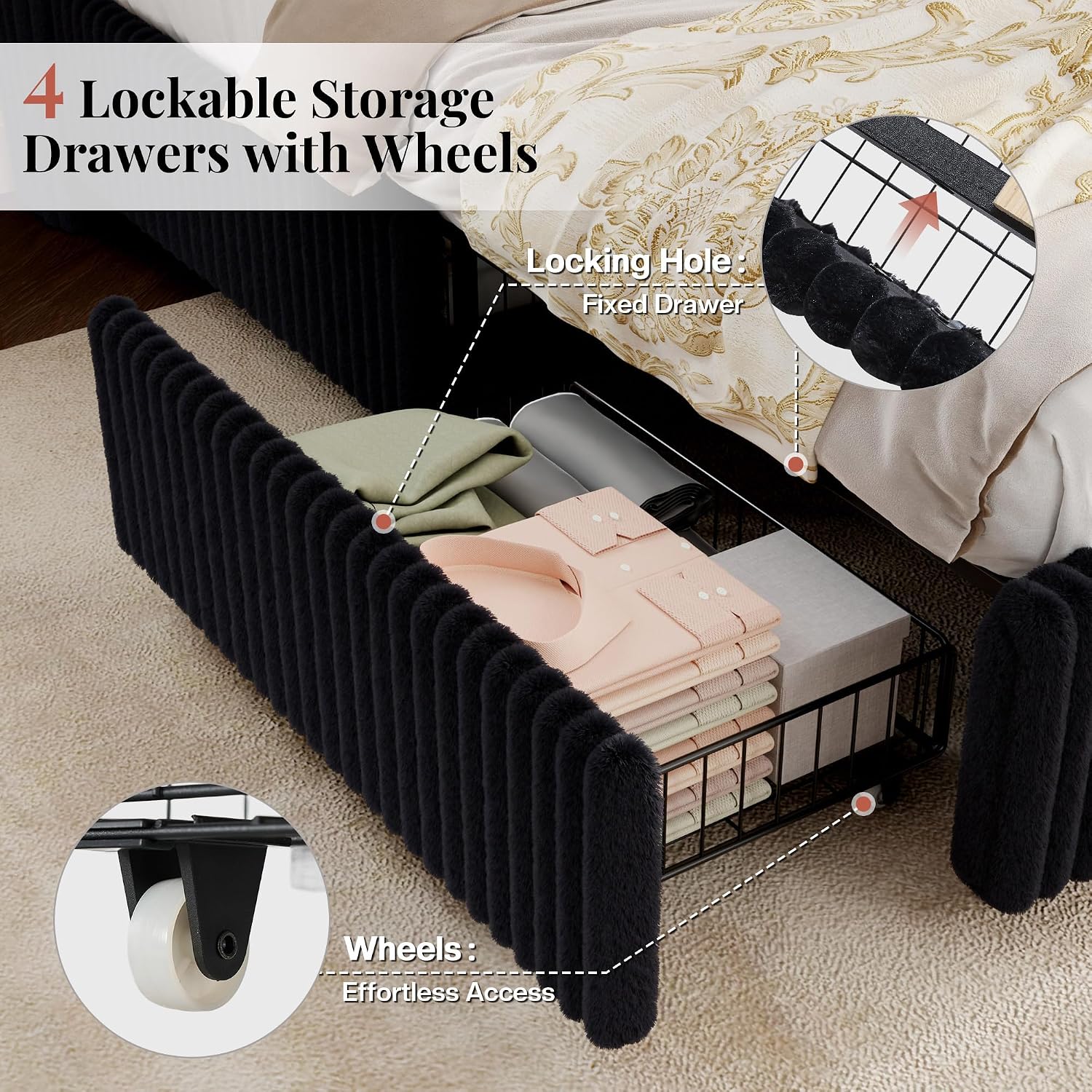 Jocisland Full Size Corduroy Upholstered Bed Frame with 4 Storage Drawers & 51.2' Tall Wingback Headboard, LED Platform Bed with Charging Station, Easy Assembly, No Box Spring Needed, Black
