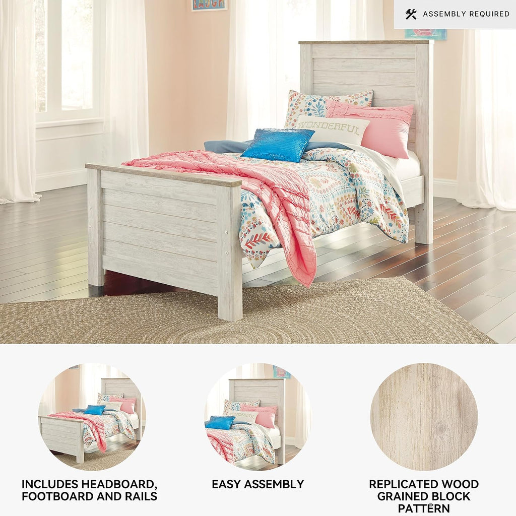 Signature Design by Ashley Willowton Casual Twin Panel Bed with Metal Slats, Foundation or Box Spring Needed, Whitewash