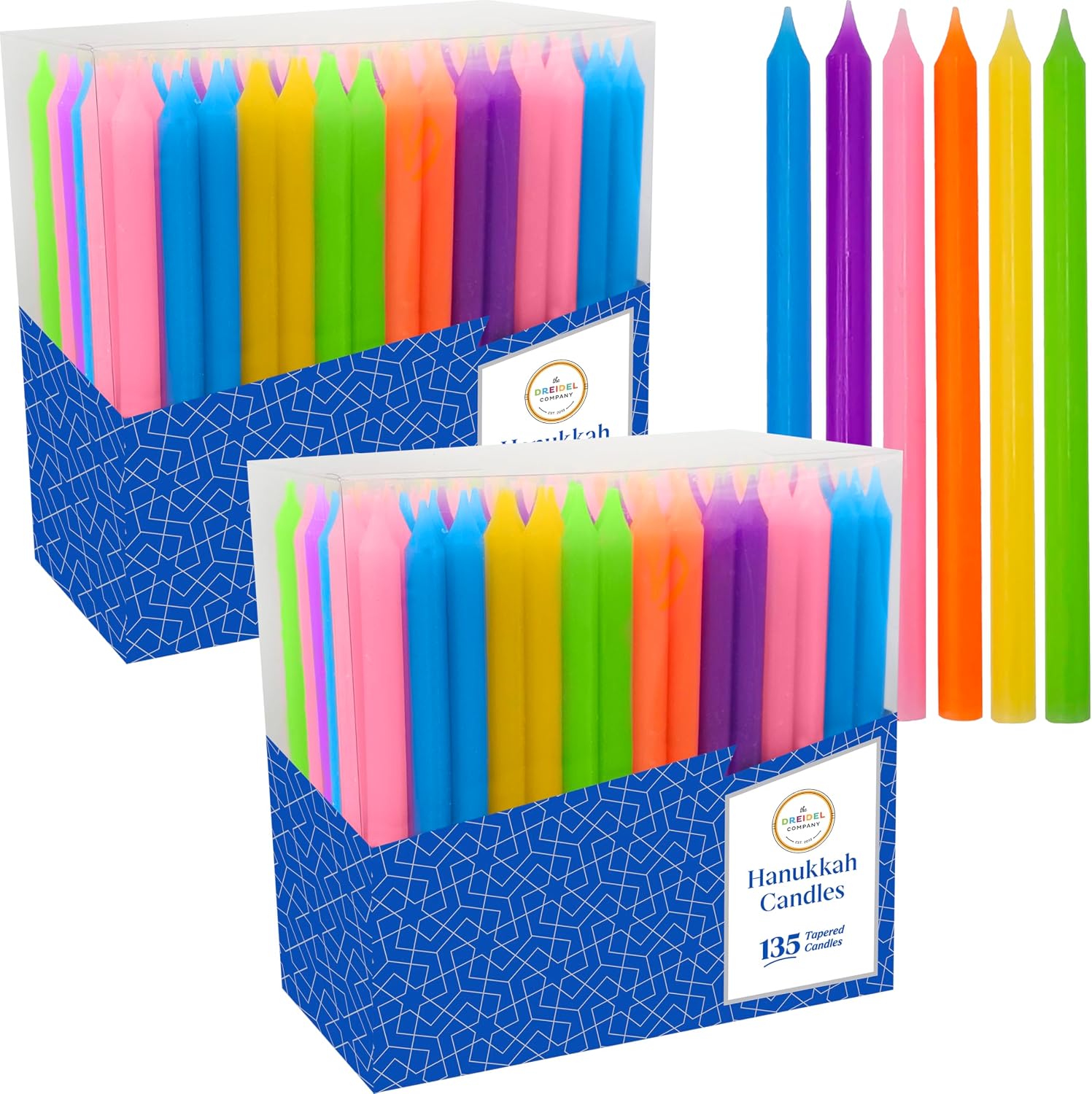Deluxe Tapered Hanukkah Menorah Candles, Crayon Design, Family Pack, Multicolored (24-Pack)