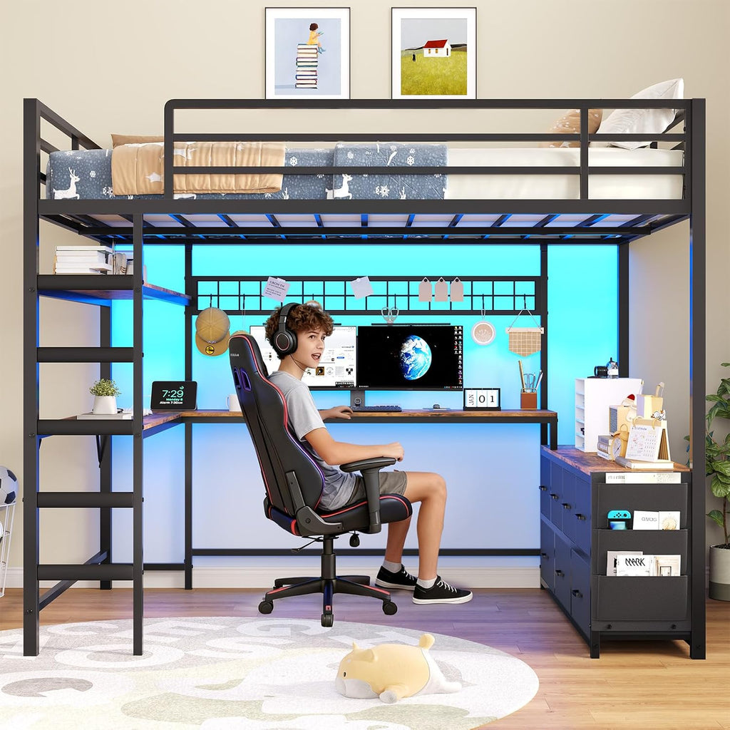 DICTAC Full Loft Bed with U-Shaped Desk,7 Storage Drawers and Charging Station,Metal Full Size Loft Bed with Led Lights and 2-Tier Storage Shelves,Teen loft Beds with Safety Guardrail & Stairs,Black