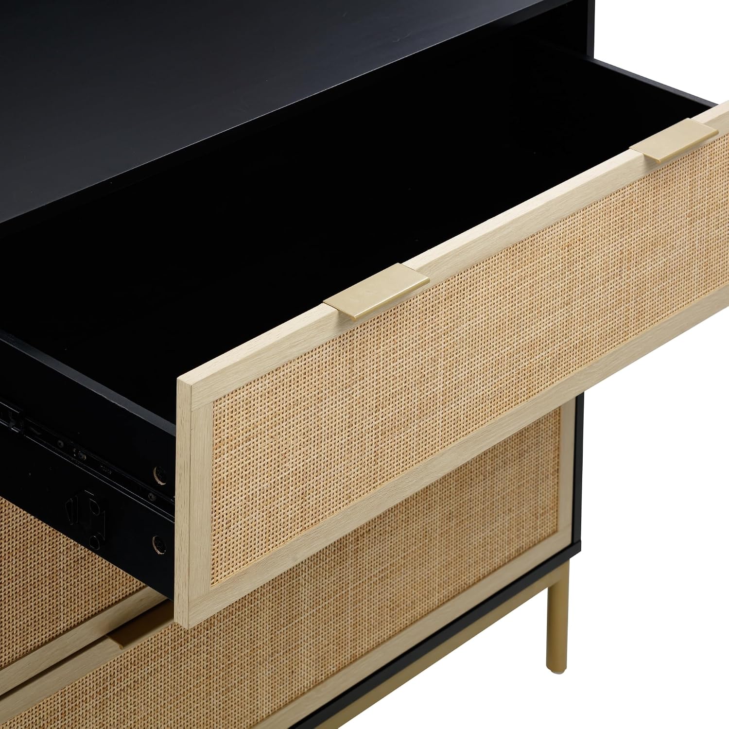 Nathan James Andrew 3-Drawer Chest Rattan Dresser, Bohemian Deep Drawer Dresser for Bedroom with Natural Rattan Accent and Metal Legs, Matte Black