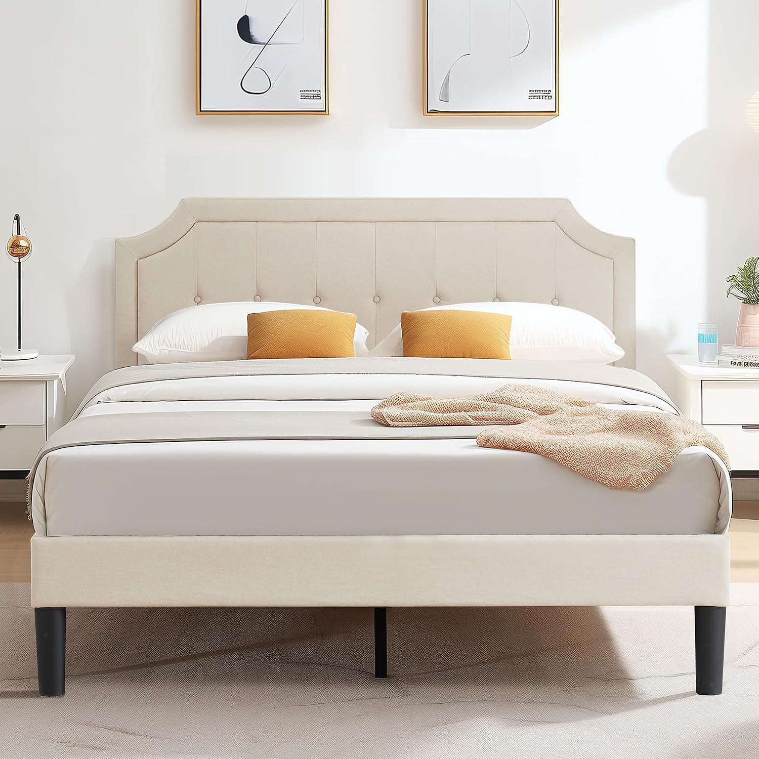 VECELO Full Size Platform Bed Frame with Fabric Upholstered Headboard and Wooden Slats Support, No Box Spring Needed/Easy Assembly,Beige