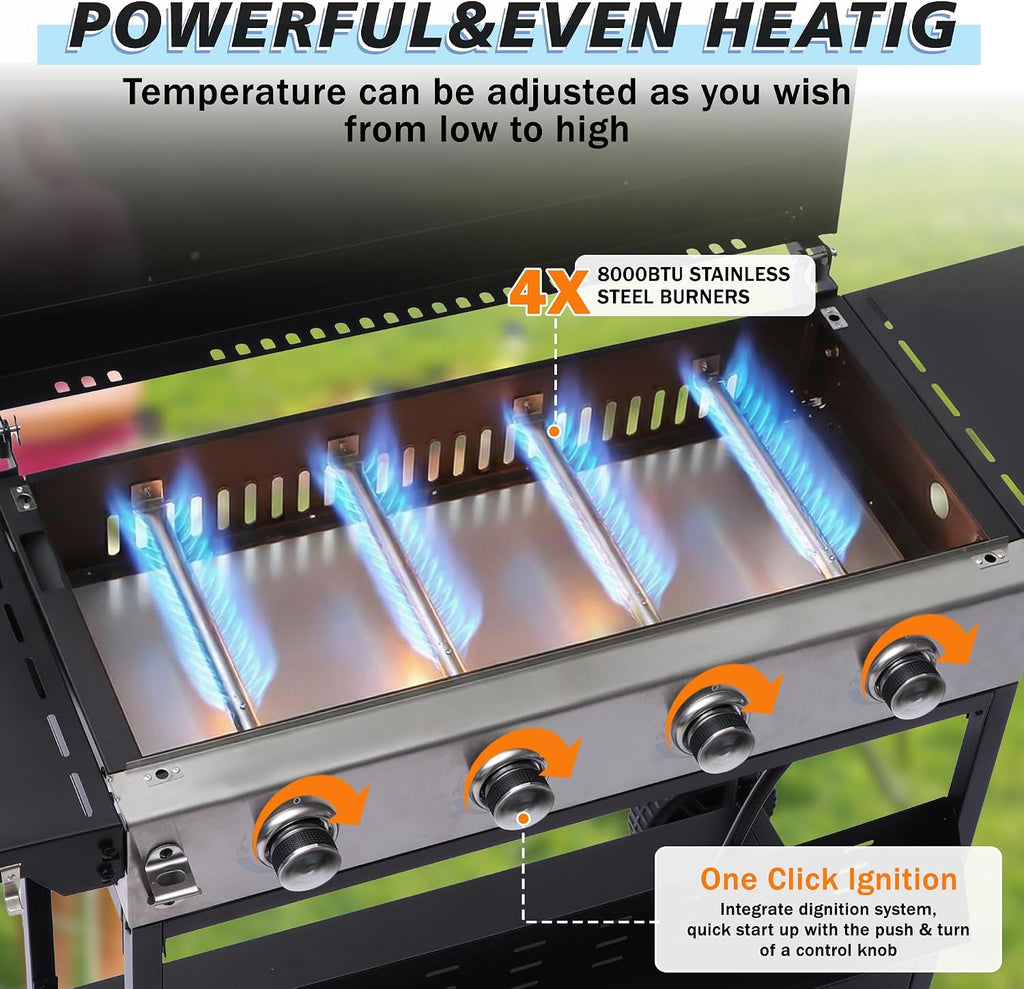 4-Burner Propane Griddle Grill with Removable Cart, 32,000 BTU Portable BBQ Gas Griddle with Iron Griddle Pan & Side Table, Spice Rack, Outdoor Flat Top Grills with Hooks for Backyard