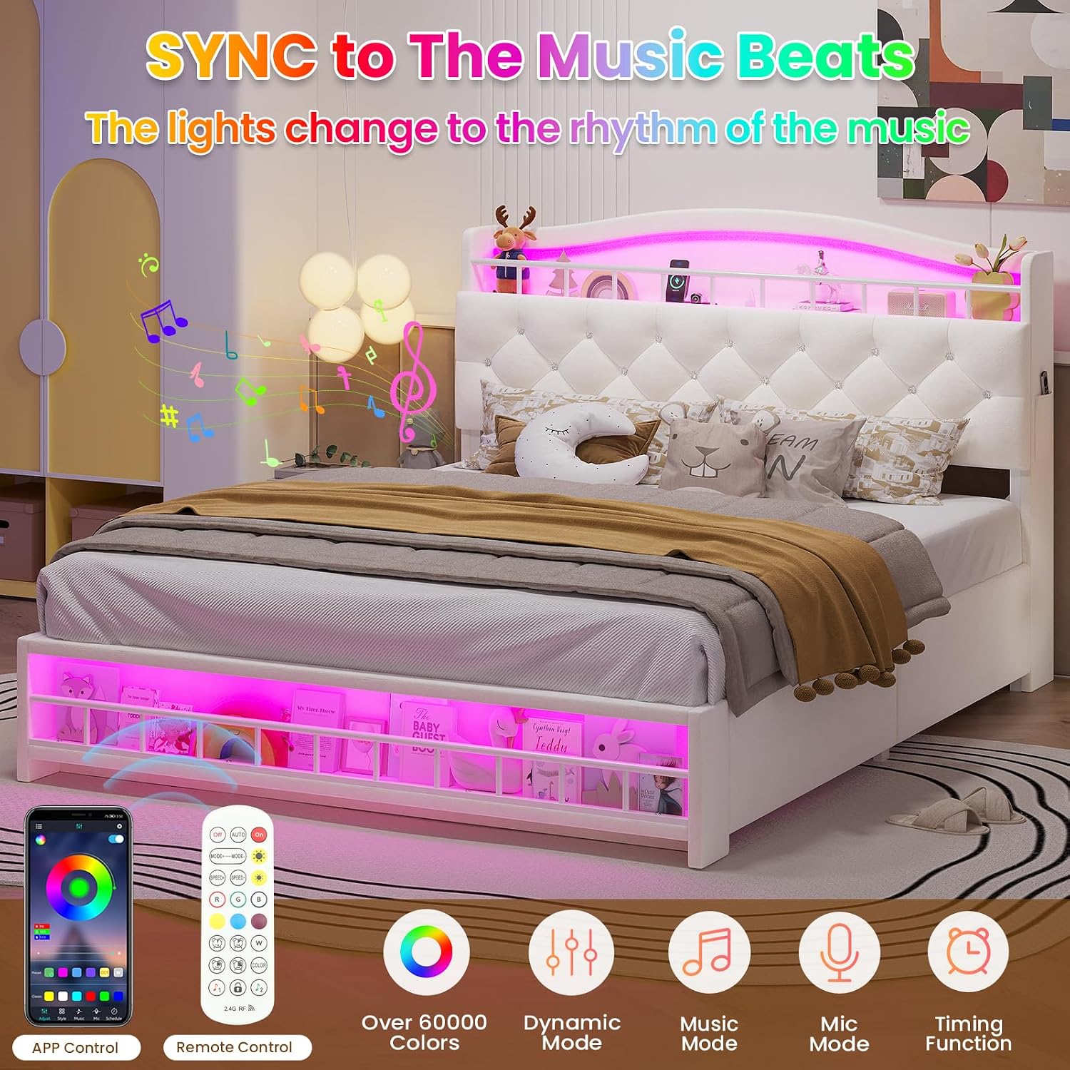 HAUOMS Full Size Bed Frame with LED Lights & 4 Drawers, Princess Velvet Upholstered Platform Bed for Girls, Headboard with Charging Station & Guardrail & Crystal Button, No Box Spring Needed, Beige