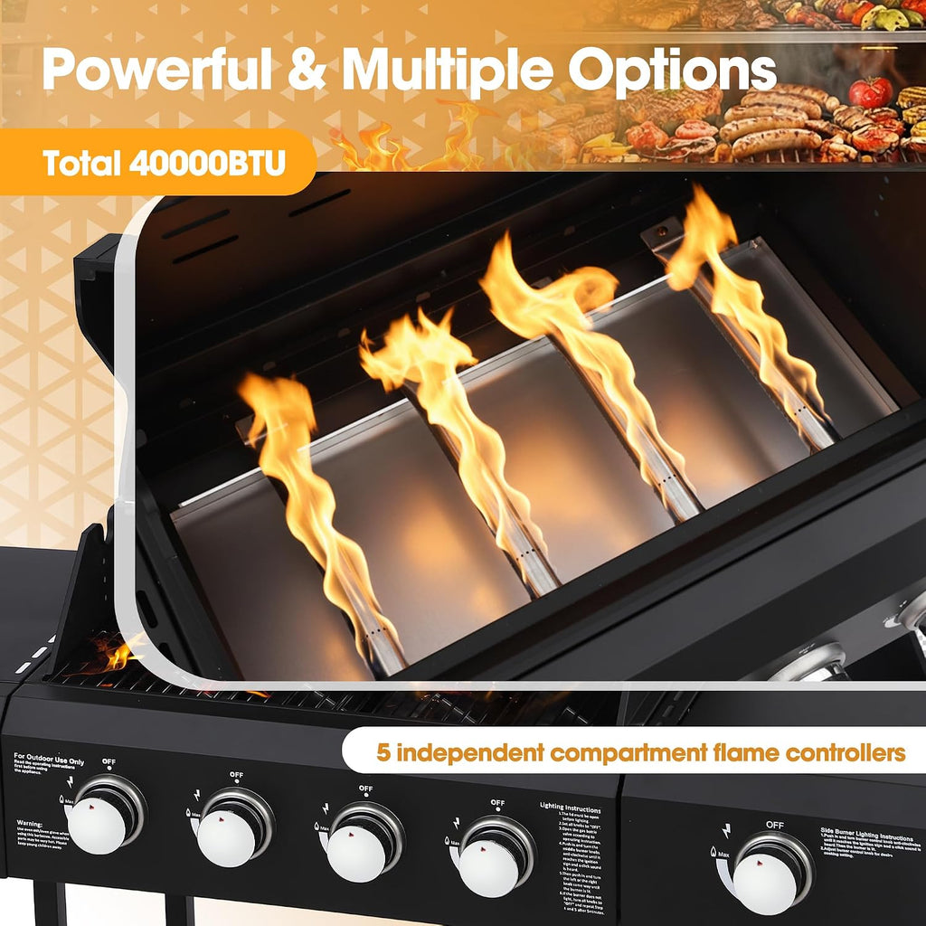 4-Burner Propane Gas Grill with Side Burner, 50,000 BTU Output Portable Outdoor BBQ Grill with Wheels, Stainless Steel Grates, Side Table and Spice Rack for Backyard, Patio, Camping