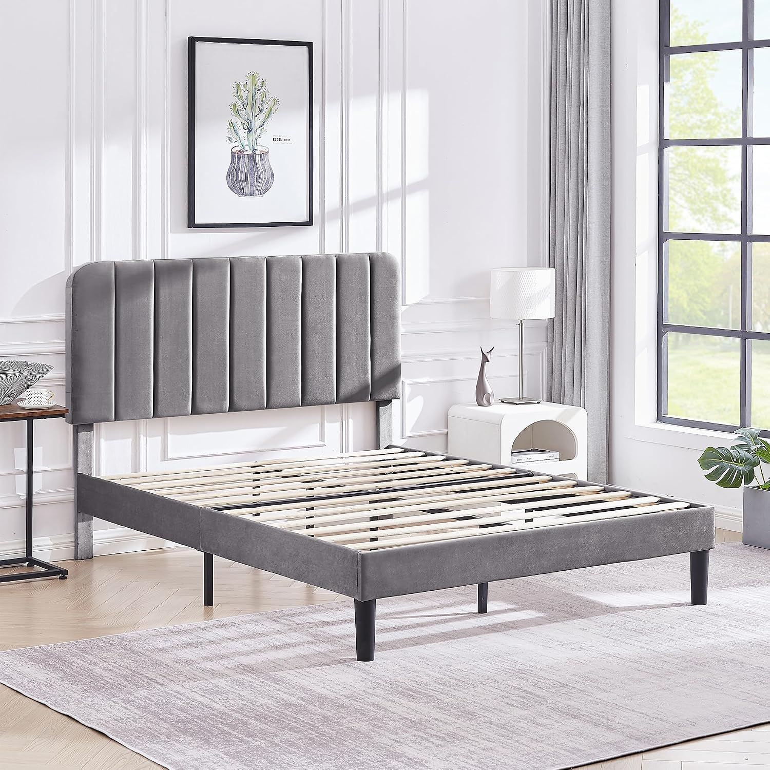 VECELO Full Size Upholstered Bed Frame with Adjustable Headboard, Velvet Platform Bedframe Mattress Foundation, Strong Wood Slat Support, No Box Spring Needed, Charcoal Grey
