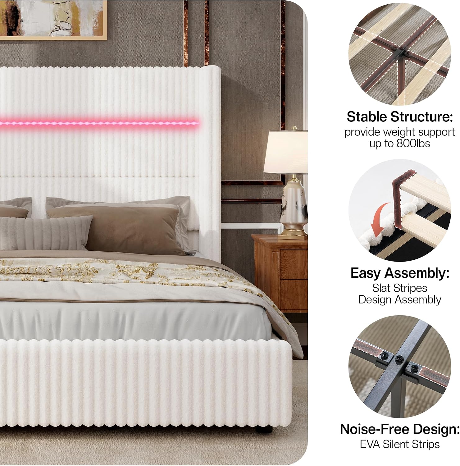 Jocisland Queen Size Corduroy Upholstered Bed Frame with 4 Storage Drawers & 51.2' Tall Wingback Headboard, LED Platform Bed with Charging Station, Easy Assembly, No Box Spring Needed, White