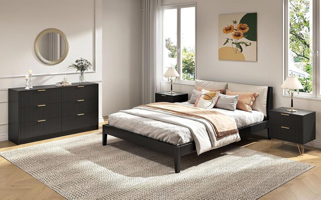 Black Dresser and Nightstand Sets, 6 Drawer Dresser Set for Bedroom 3 Piece, 55' Wide Fluted Wood Dressers W/Metal Handle & Night Stand Set of 2, Modern Bedroom Furniture Sets, Black