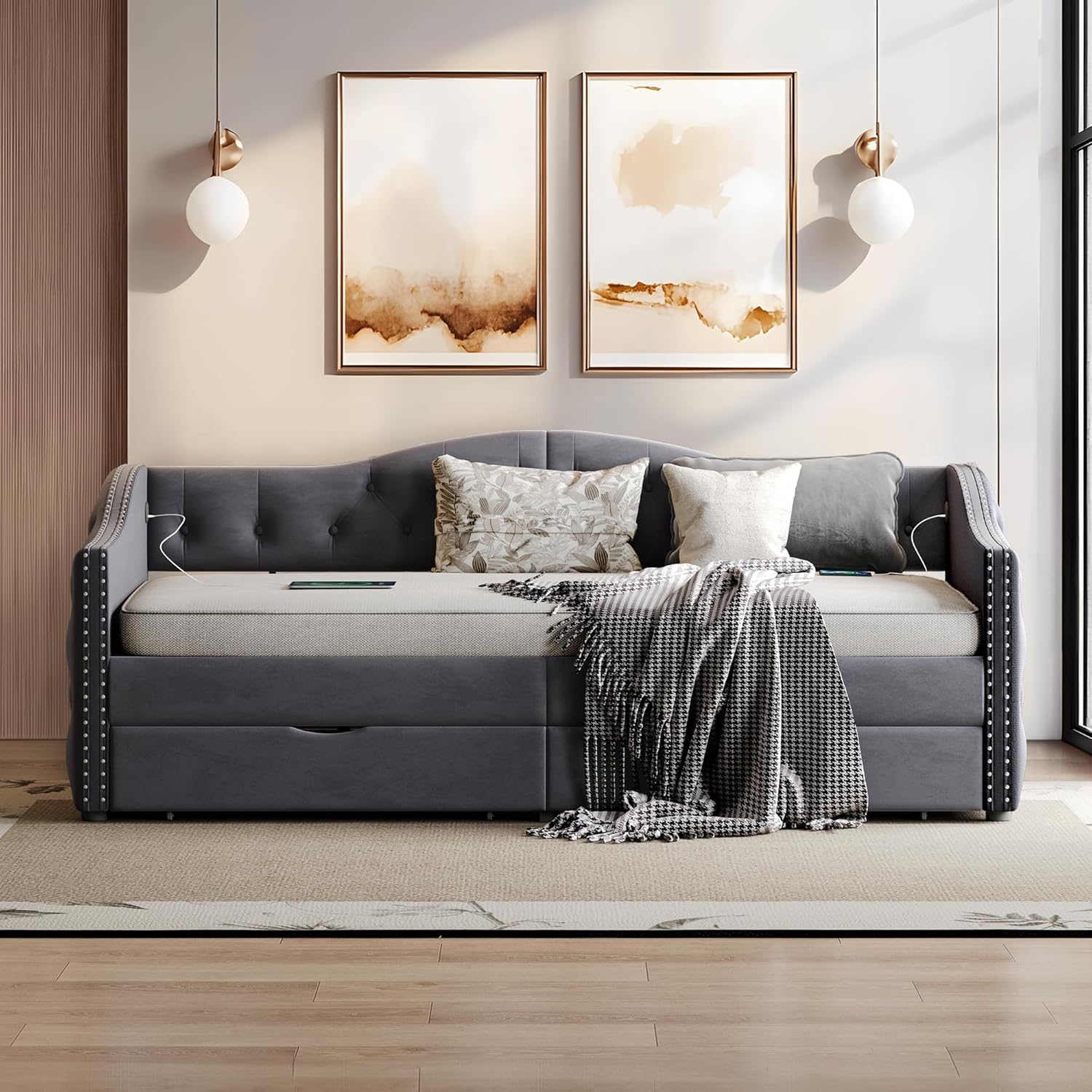 Full Size Daybed with Storage Drawers, Upholstered Daybed with 2 USB Ports, Sturdy Wood Frame,Day Bed for Bedroom