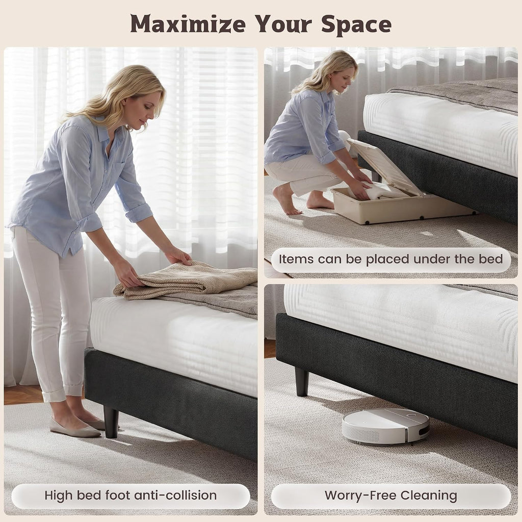 EnHomee Queen Bed Frame with Adjustable Height Upholstered Headboard, 3 USB Charging Ports, Noise-Free Platform Bed, No Box Spring Needed, Grey