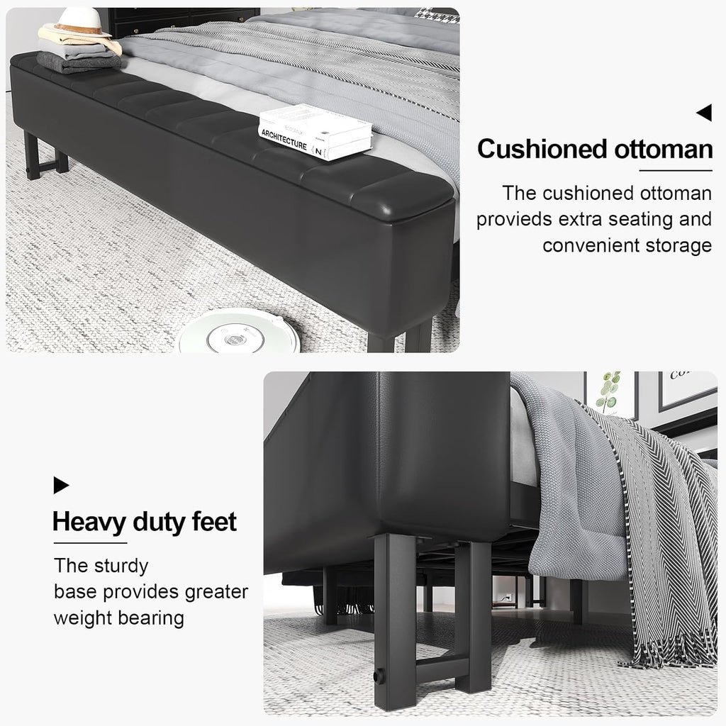 Queen Metal Bed with Star Projector & Charging Station, Upholstered Bed frame with PU Leather Headboard, Heavy Duty Beds with Storage Ottoman, Metal Support, Noise-Free, No Box Spring Needed, Black