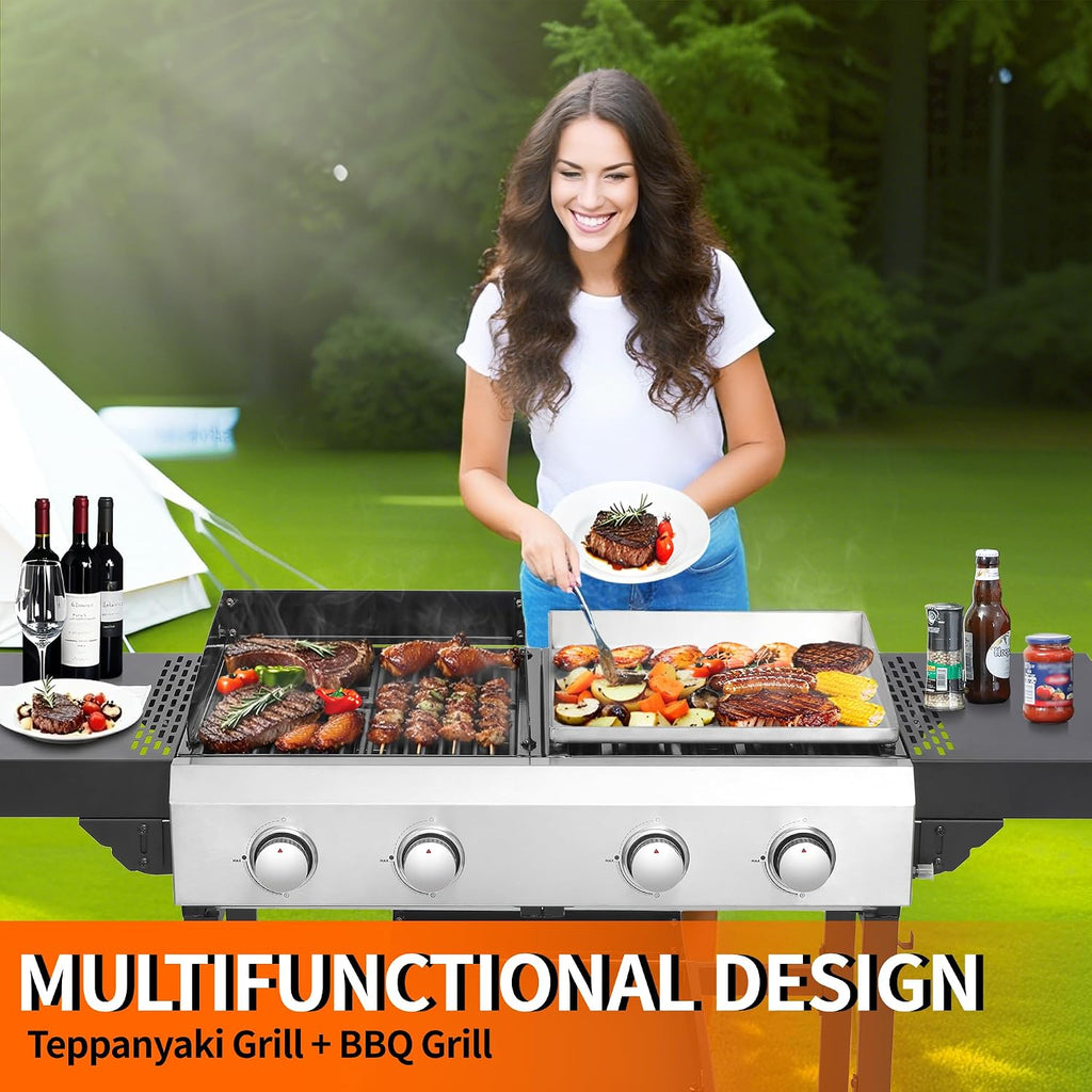 4 Burner Propane Gas Grill and Griddle Combo with Foldable Side Table, 470 sq in Cast Iron Grate & 248 sq in Flat Top, 38,200 BTU Outdoor BBQ Grill for Outdoor, BBQ, Camping