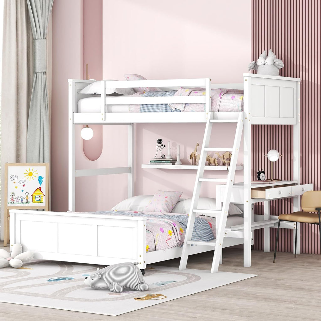 Ball & Cast Twin Over Full Bunk Bed with Safty Guardrail & Stairway,Heavy Duty Wood Loft Bedframe W/Desk & Drawers,Easy Assembly,Versatile Functional Bedroom Furniture Set for Boy Girl Teens,White