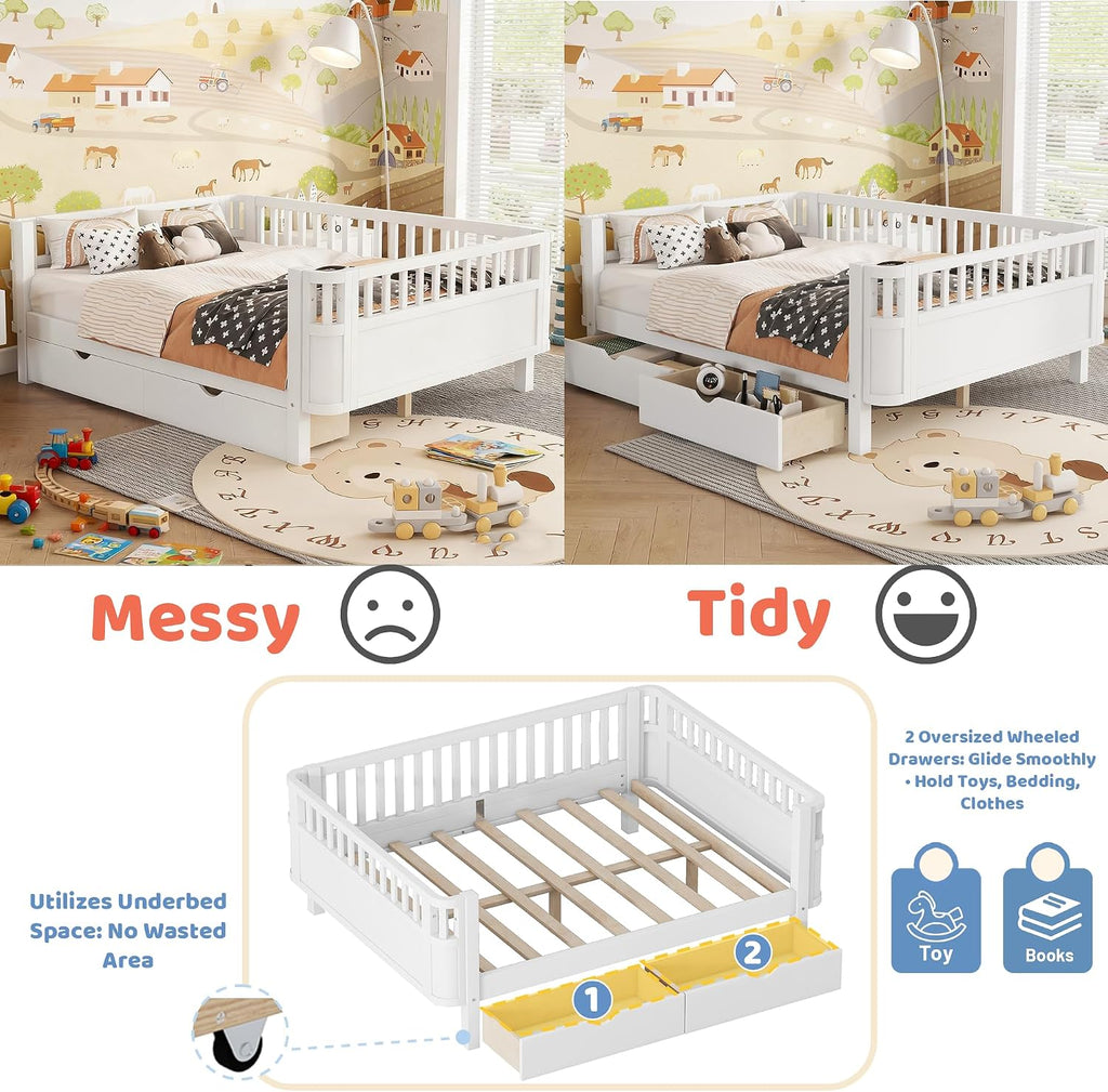 Full Kids Bed with Storage Drawers & Rails, Wood Low Montessori Beds with Detachable Side Rails & Slats, Modern Daybed for Boys Girls Bedroom, Kids Full Platform Bed, White