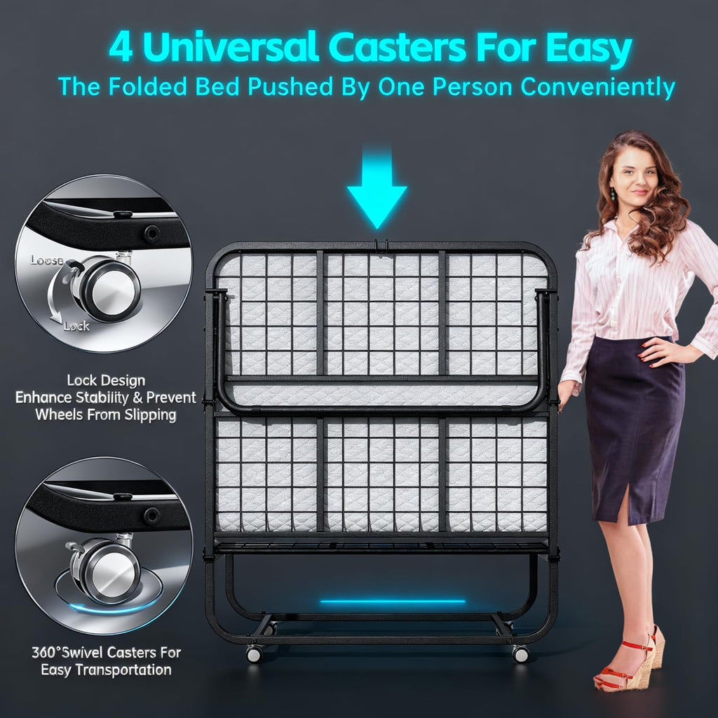 Pataku Folding Bed with Mattress, Twin Foldable Bed, Roll Away Beds for Adults, 75' x 31' Roll Away Portable Beds with 5' Mattress, Folded Frame for Small Apartment, Guest Room