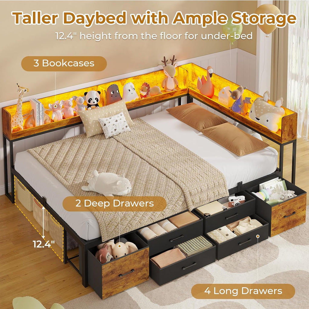MSmask 14 Inch Corner Bed Frame with Bookcase Storage, Full Daybed with 6 Drawers, Charging Station and LED Light, Full Size Metal Platform Bed Frame for Kids Teenagers, Black & Vintage Brown
