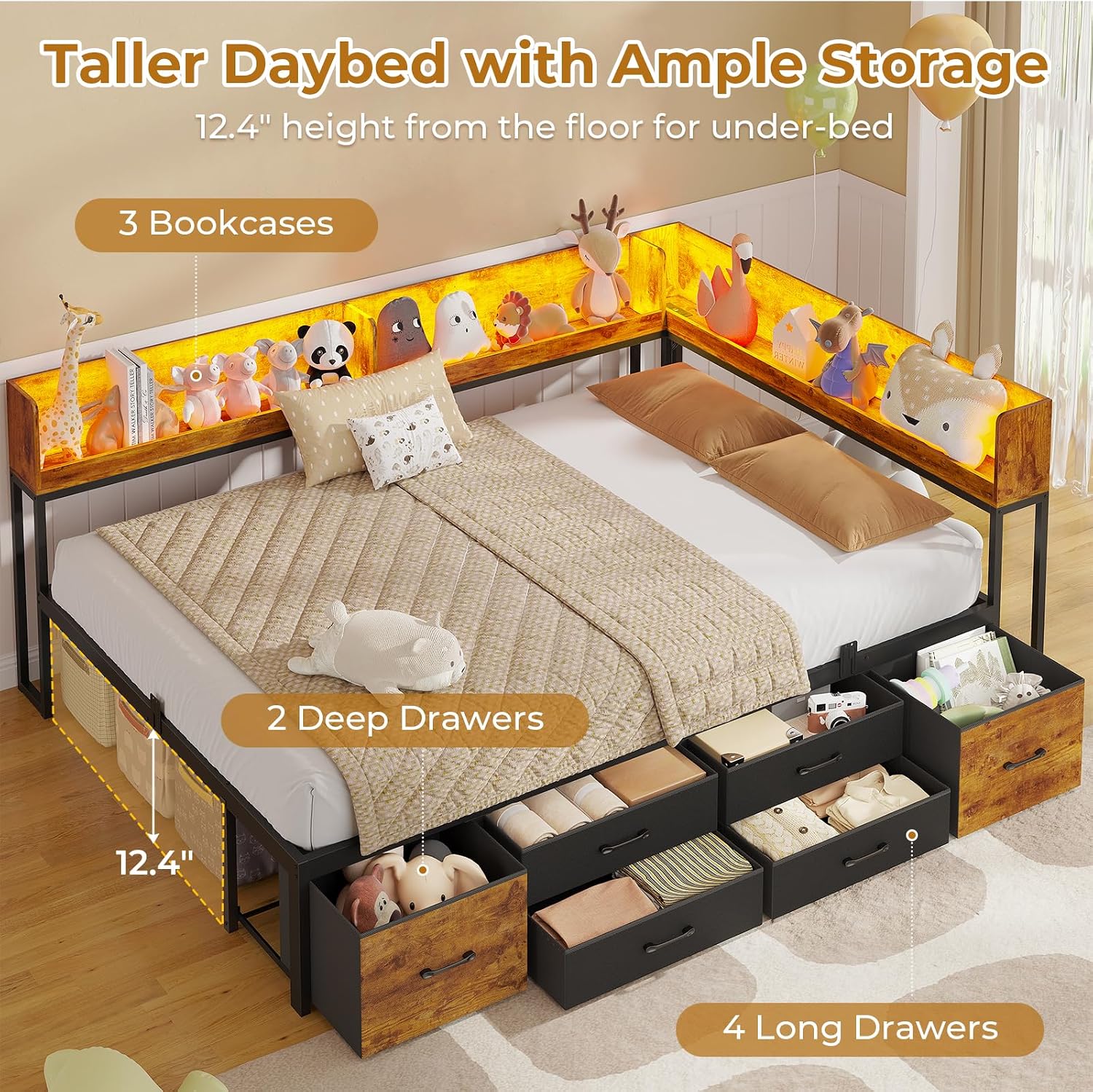 MSmask 14 Inch Corner Bed Frame with Bookcase Storage, Full Daybed with 6 Drawers, Charging Station and LED Light, Full Size Metal Platform Bed Frame for Kids Teenagers, Black & Vintage Brown