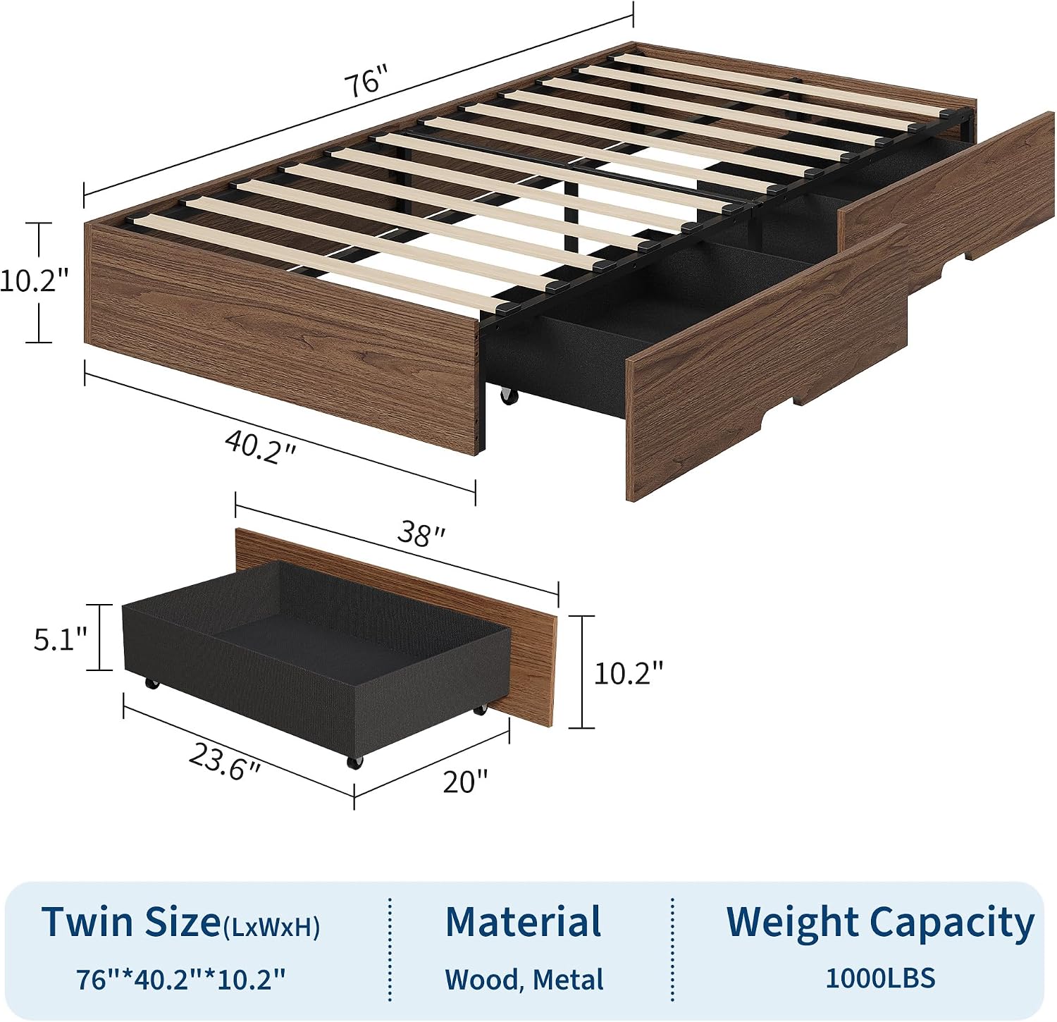 GarveeHome Twin Size Wood Platform Bed Frame with 2 Storage Drawers, Wooden Bed Frame Without Headboard, Wood Slat Support, No Box Spring Needed, Easy Assembly