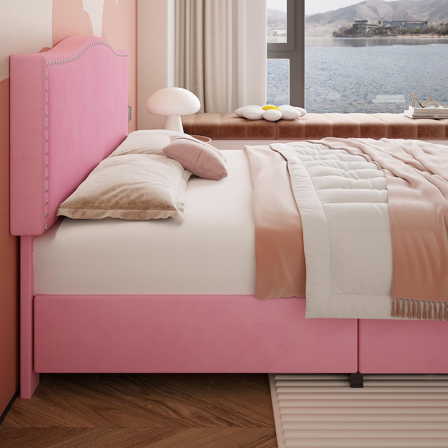 VECELO Queen Bed Frame Platform Bed Frame with Upholstered Headboard, 4 Storage Drawers, Strong Frame and Heavy-Duty Slats Support, Non-Slip and Noise-Free, Easy Assembly,Pink