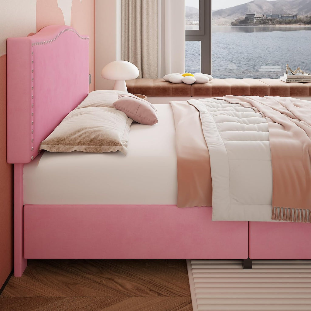 VECELO Queen Bed Frame Platform Bed Frame with Upholstered Headboard, 4 Storage Drawers, Strong Frame and Heavy-Duty Slats Support, Non-Slip and Noise-Free, Easy Assembly,Pink