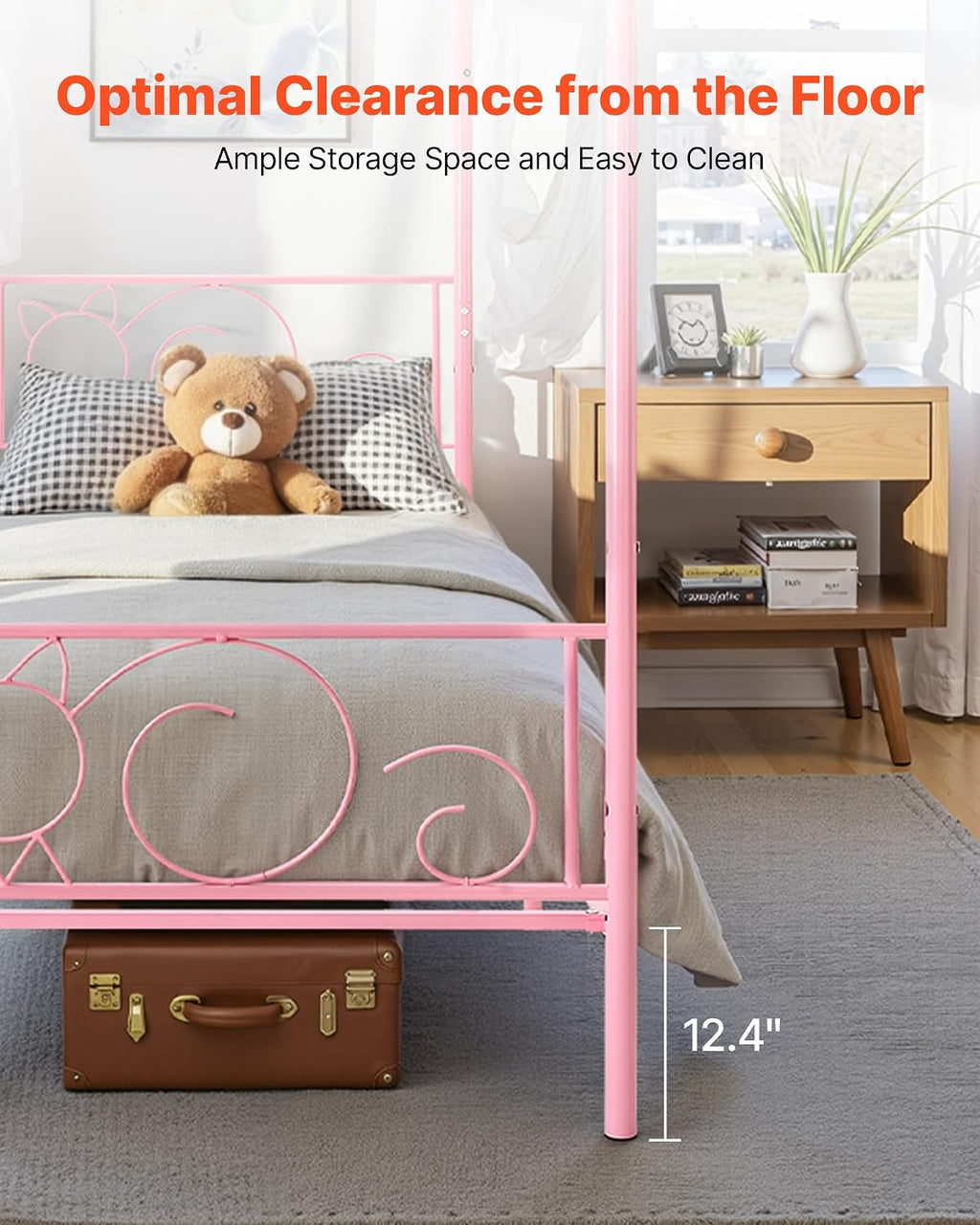 VEVOR Canopy Bed Frame Twin Size, Metal Canopy Bed with Minimalist Headboard & Four Posters Design, Heavy Duty Steel Slats Support, Underbed Storage Space, No Box Spring Needed, Easy Assembly, Pink