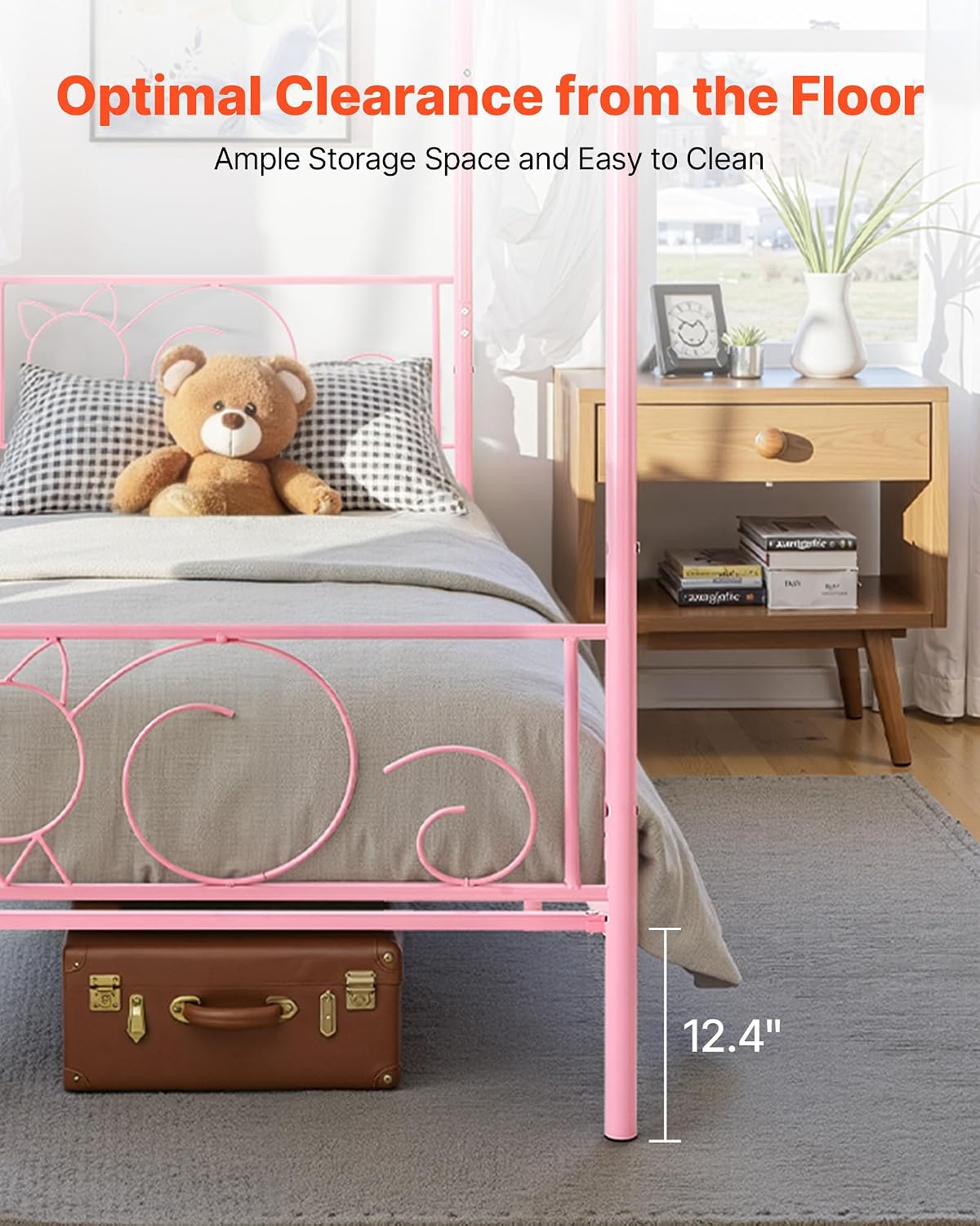 VEVOR Canopy Bed Frame Twin Size, Metal Canopy Bed with Minimalist Headboard & Four Posters Design, Heavy Duty Steel Slats Support, Underbed Storage Space, No Box Spring Needed, Easy Assembly, Pink