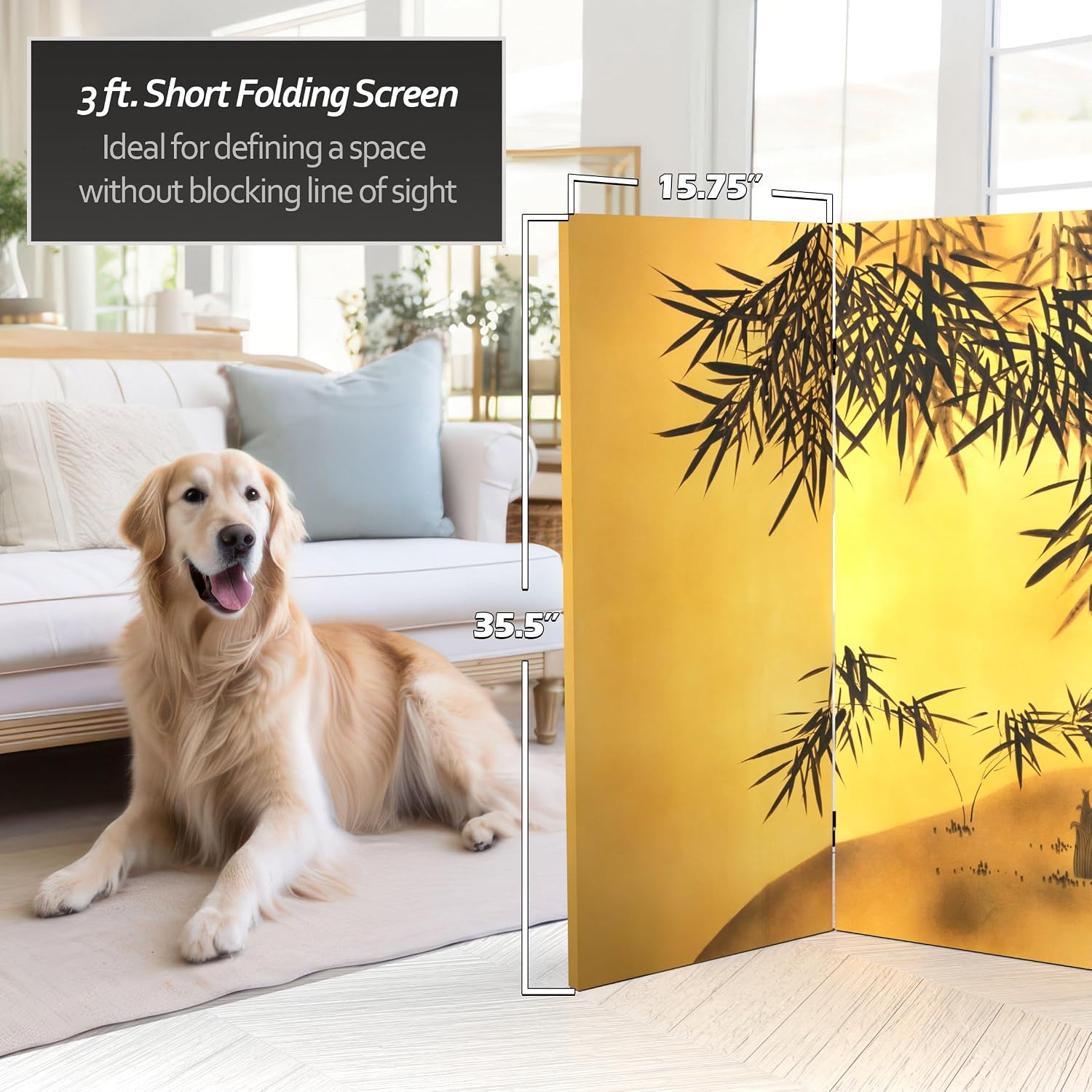 Red Lantern 3 ft. Short Double Sided Bamboo Tree Canvas Room Divider 4 Panel Freestanding Folding Privacy Screen Partition and Separator for Modern and Contemporary Bedroom Home Office Studio Dorm
