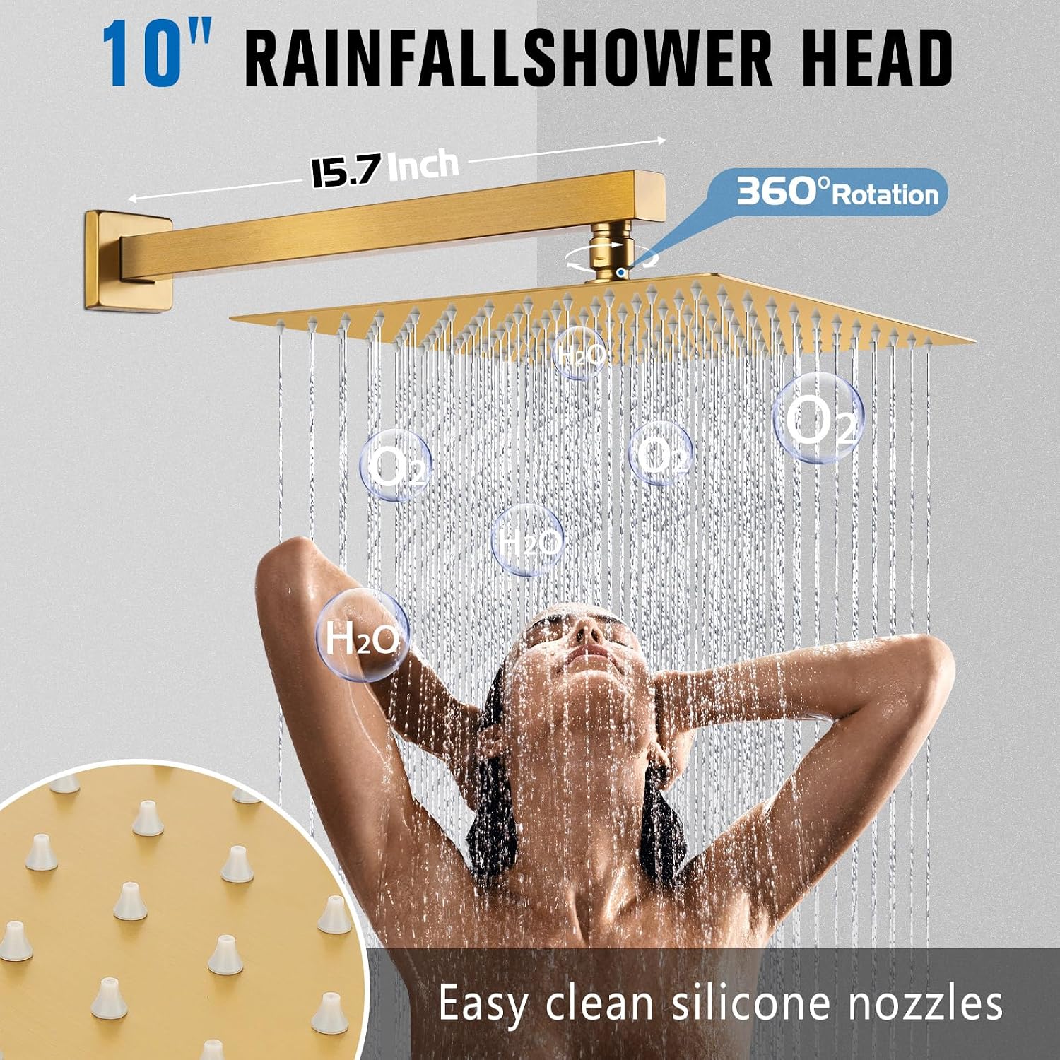 10 Inch Rainfall Shower System with Tub Spout - Wall Mounted Complete Combo with Solid Brass Pressure Balancing Valve, High Pressure Shower Head, Handle Set & Installation Accessories Brushed Gold