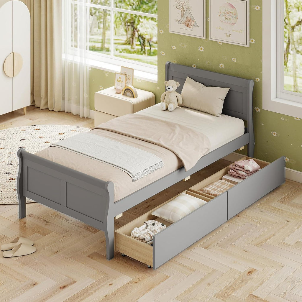 KOMFOTT Twin Bed with 2 Drawers, Twin Storage Bed with Headboard & Footboard, Sleigh Wood Bed Frame with Wooden Slats Support for Kids, Teens, Adults, No Box Spring Needed, Grey