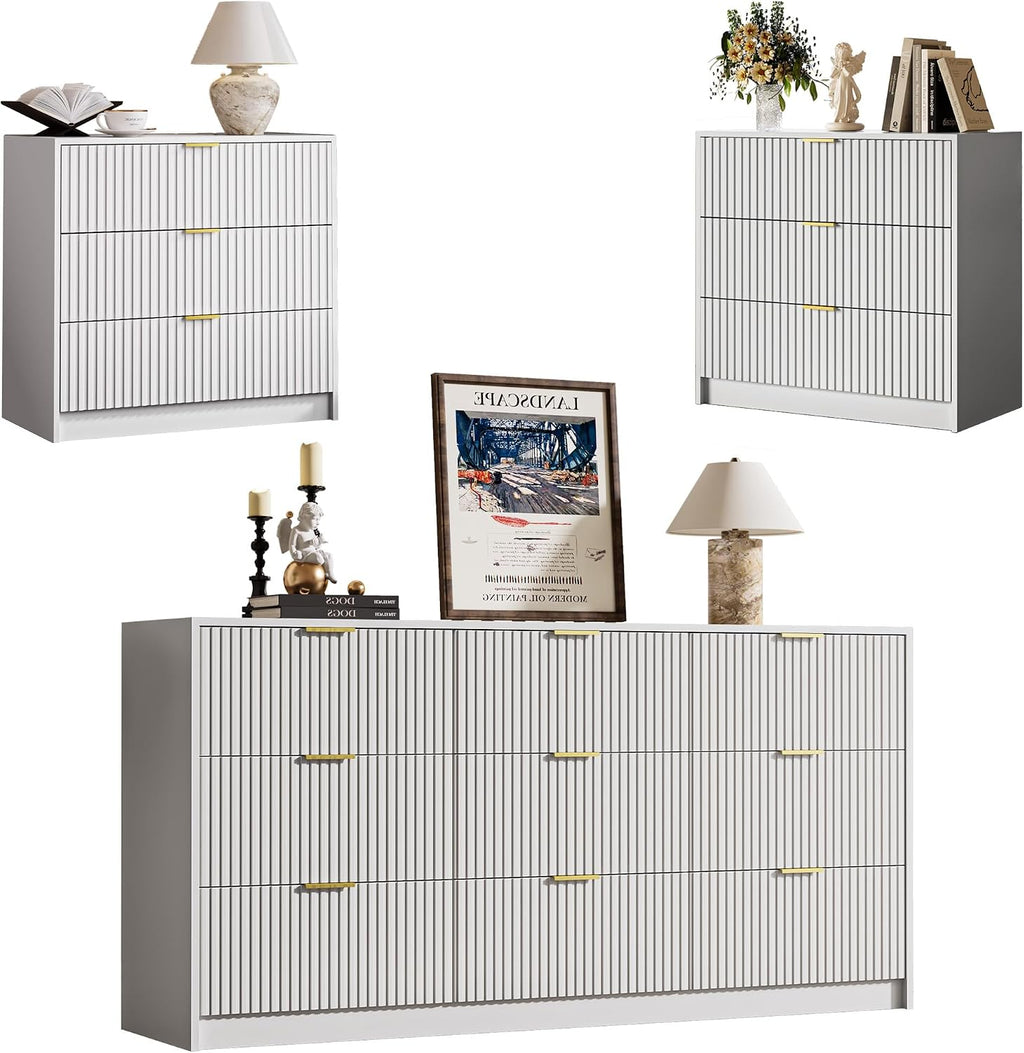 MAISONARIA 3-Piece Dresser Bedroom Set, 9 Drawer Dresser & 3 Drawer Nightstands with Gold Handles, Fluted Wood Chest of Drawers for Bedroom, Living Room, Entryway, White