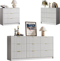 MAISONARIA 3-Piece Dresser Bedroom Set, 9 Drawer Dresser & 3 Drawer Nightstands with Gold Handles, Fluted Wood Chest of Drawers for Bedroom, Living Room, Entryway, White