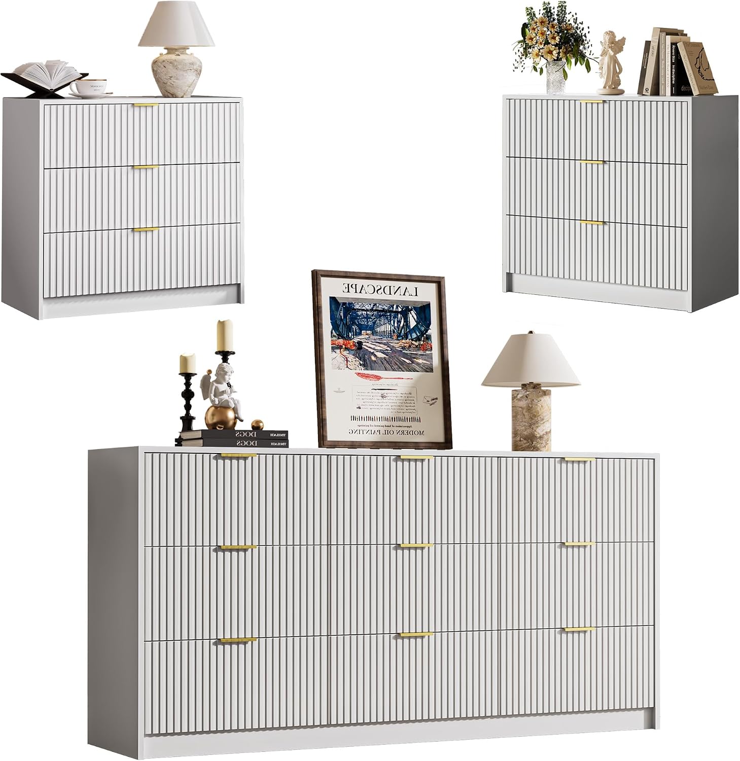 MAISONARIA 3-Piece Dresser Bedroom Set, 9 Drawer Dresser & 3 Drawer Nightstands with Gold Handles, Fluted Wood Chest of Drawers for Bedroom, Living Room, Entryway, White
