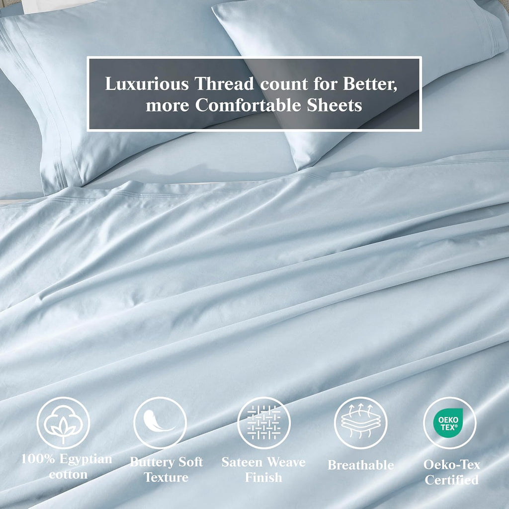 Superior Egyptian Cotton 4 Piece Sheet Set, 650 Thread Count, Modern Design, Sustainable Sheets, Ultra-Soft Basics, Solid, Deep Pocket Fitted Sheet, Flat Sheet, Pillowcases, King, Baby Blue